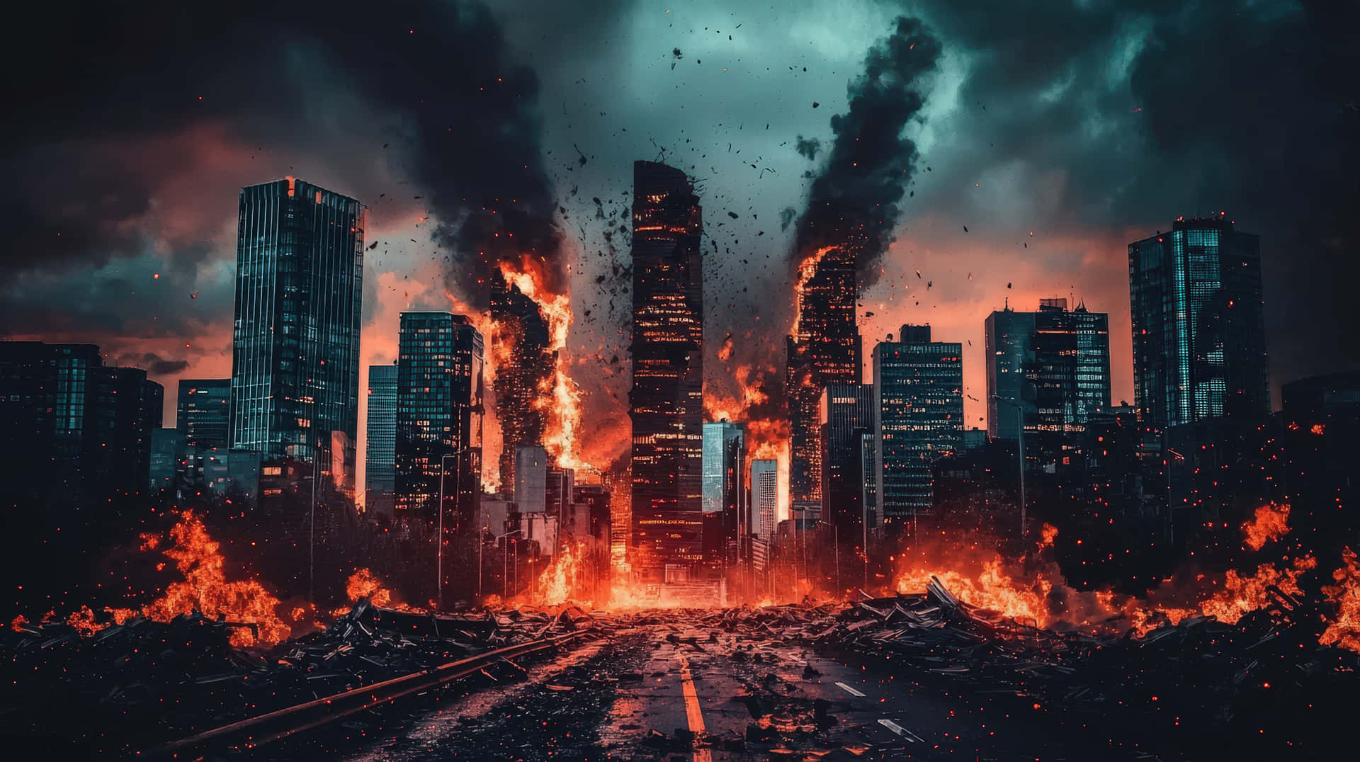 A dystopian scene of a city engulfed in flames, with skyscrapers collapsing and thick smoke rising 壁紙 — 城市天際線在火災毀滅中爆發，高聳的摩天大樓在瘀傷的暮色天空下倒塌成火焰和煙霧。