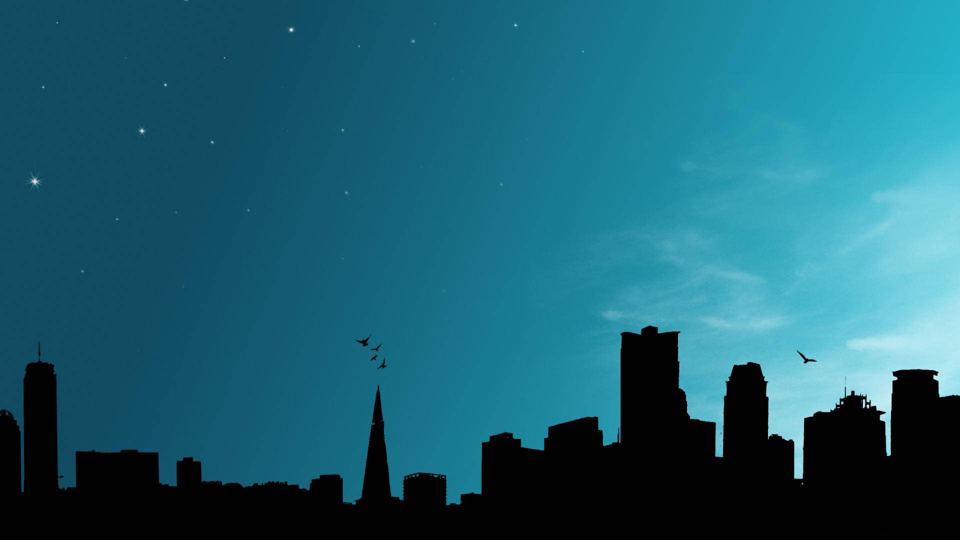Buildings 桌布 壁紙 — 城市天際線在綴滿星星和飛鳥的藍綠色夜空下形成剪影。