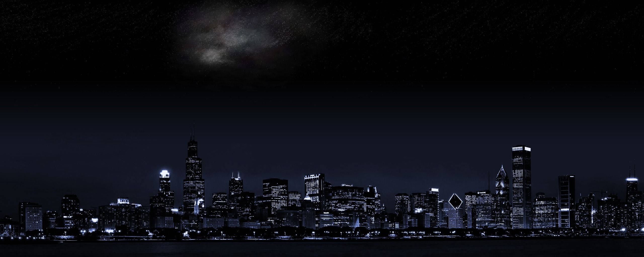 芝加哥 桌布 壁紙 — 城市天際線的 panoramatic 夜景，閃爍的摩天大樓在星空下，銀河清晰可見。