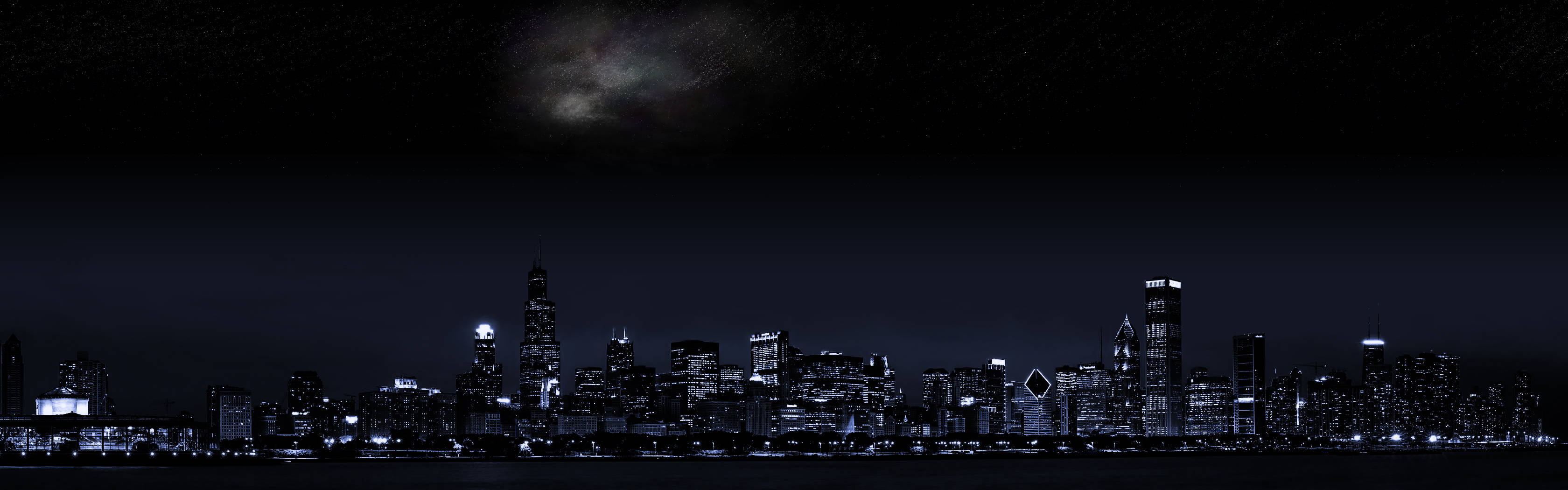 桌布 壁紙 — 城市天際線的 panoramic 夜景，星空下銀河拱橋橫跨天際。