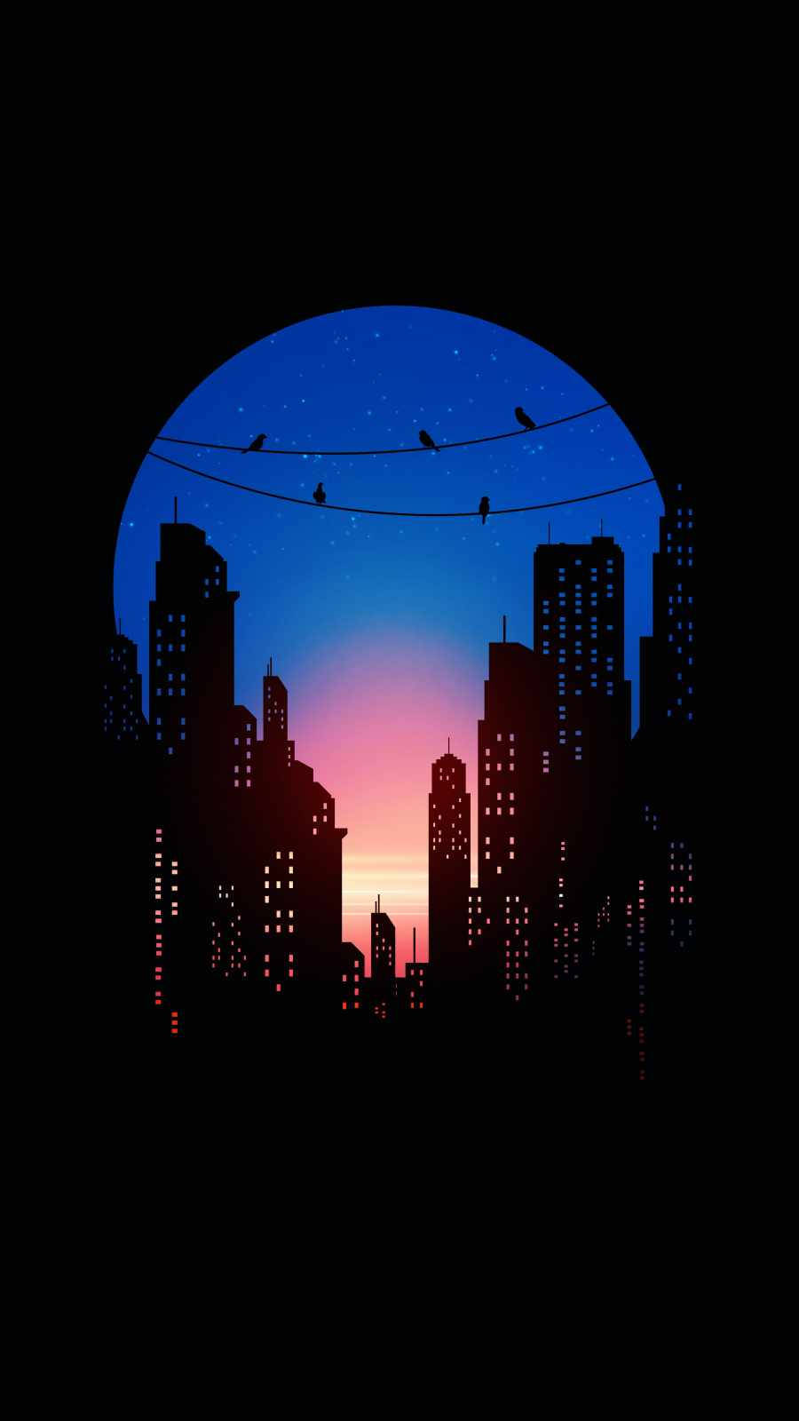 minimal dark iPhone 桌布 壁紙 — 城市天際線的剪影框住了一個繁星點點的黃昏天空，鳥兒棲息在電線上，背景是藍色和粉紅色的漸變。