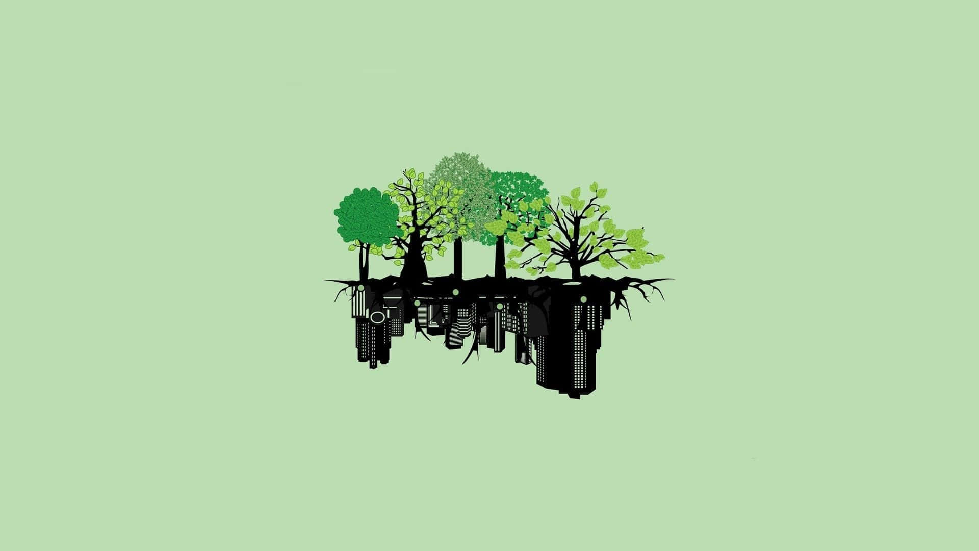 trees 桌布 壁紙 — 城市天際線的剪影與鮮綠色樹木和裸露的根部在柔和的薄荷色背景上融合。