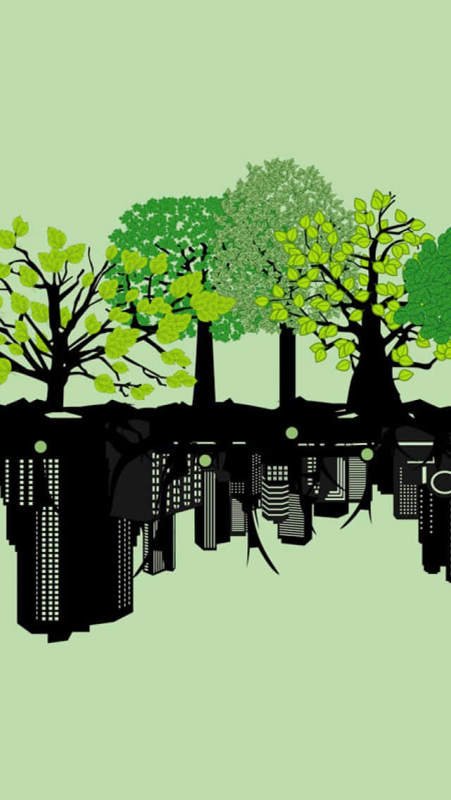 Sustainability 桌布 壁紙 — 城市天際線的剪影與鮮綠色樹木融合在淡薄荷色背景上的風格化插圖。