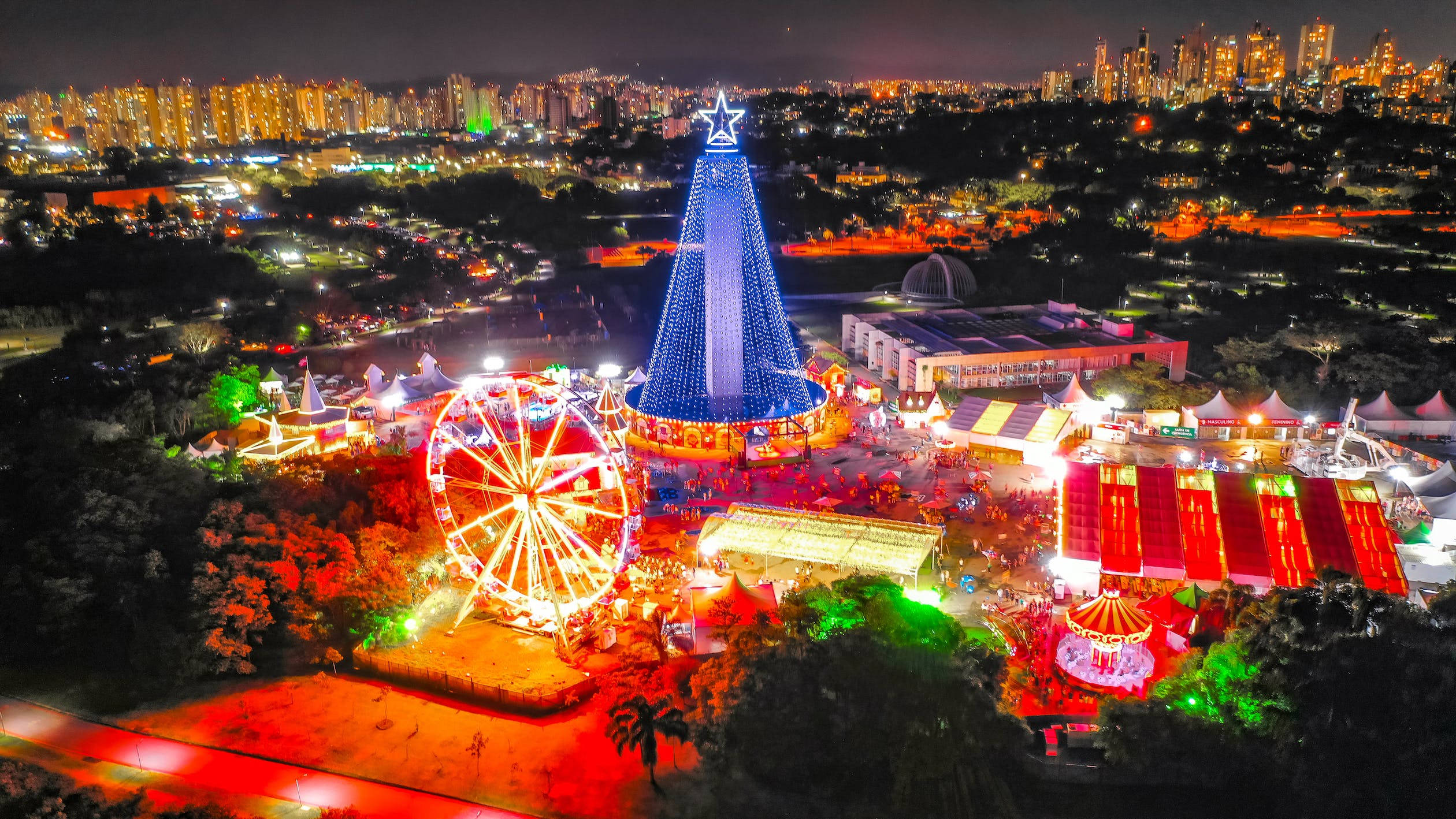 城市 桌布 壁紙 — 城市天際線背景下，一個充滿活力的遊樂園的夜間鳥瞰圖，園內有發光的藍色聖誕樹和色彩繽紛的遊樂設施。