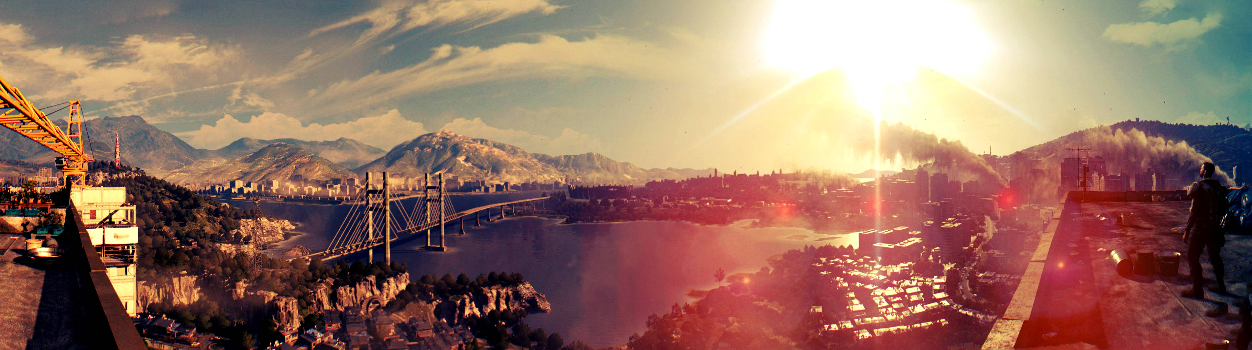 Dying Light 桌布 壁紙 — 城市景觀的全景日落景色，有一座橋樑橫跨河流，背景有山脈。