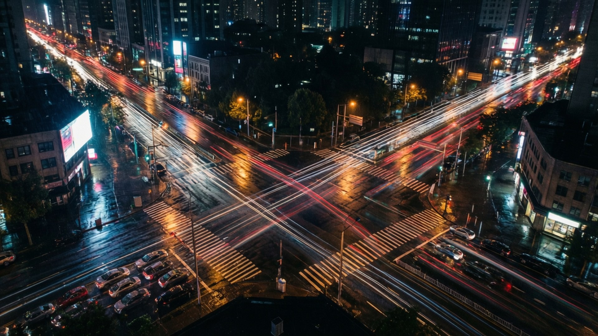 城市網格光軌 壁紙 — 雨夜城市十字路口的鳥瞰圖，移動中的汽車發出閃爍的光軌，濕漉漉的路面反射著光線。