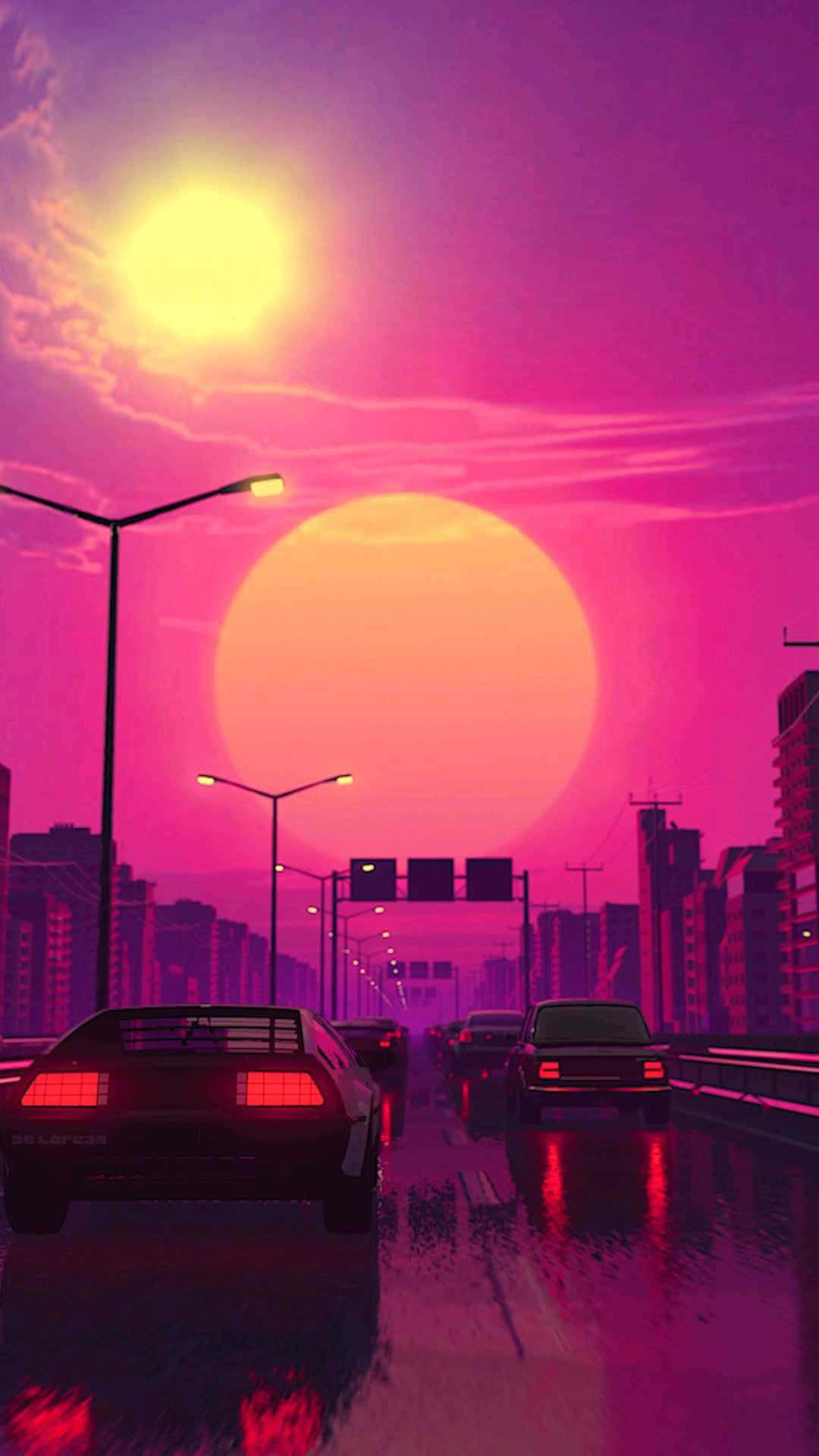 城市與車流中的夕陽 壁紙