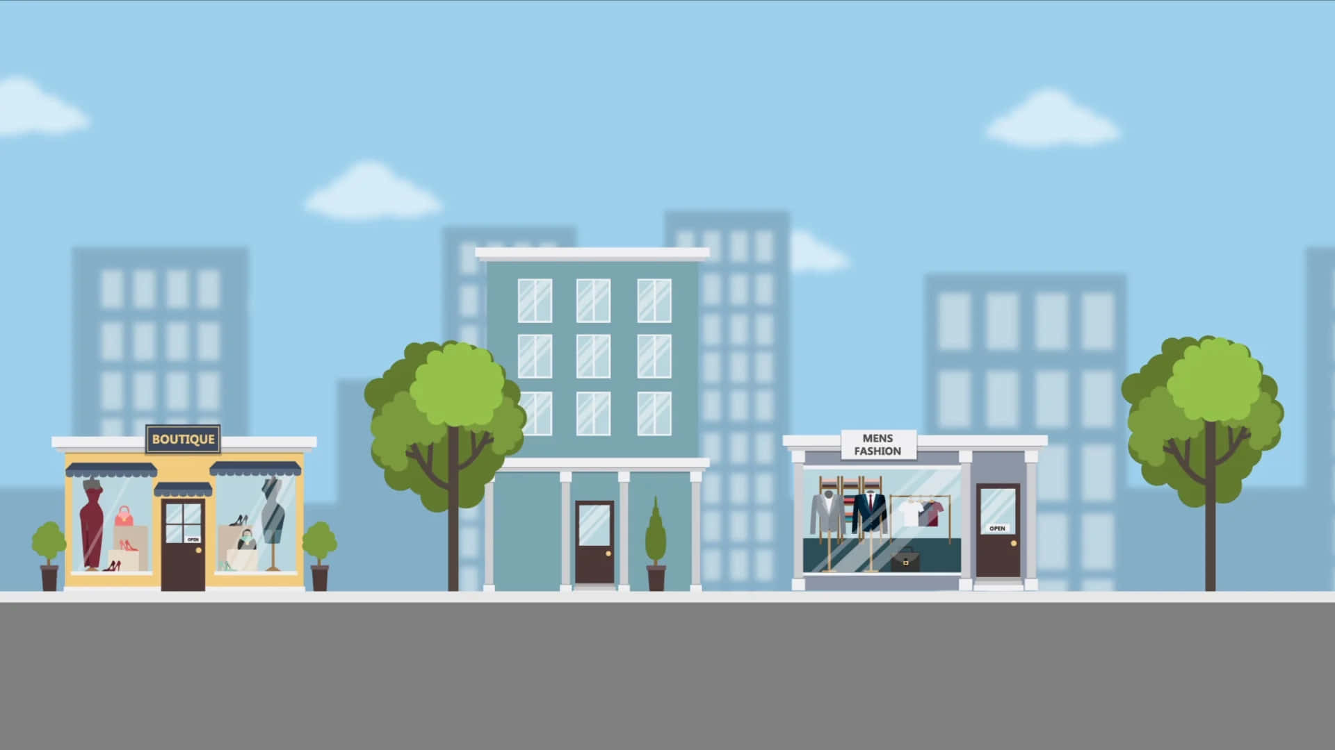 Cartoon City 桌布 壁紙 — 城市街道的平面向量插圖，有精品店和男士時裝店，天空晴朗湛藍，白雲朵朵。