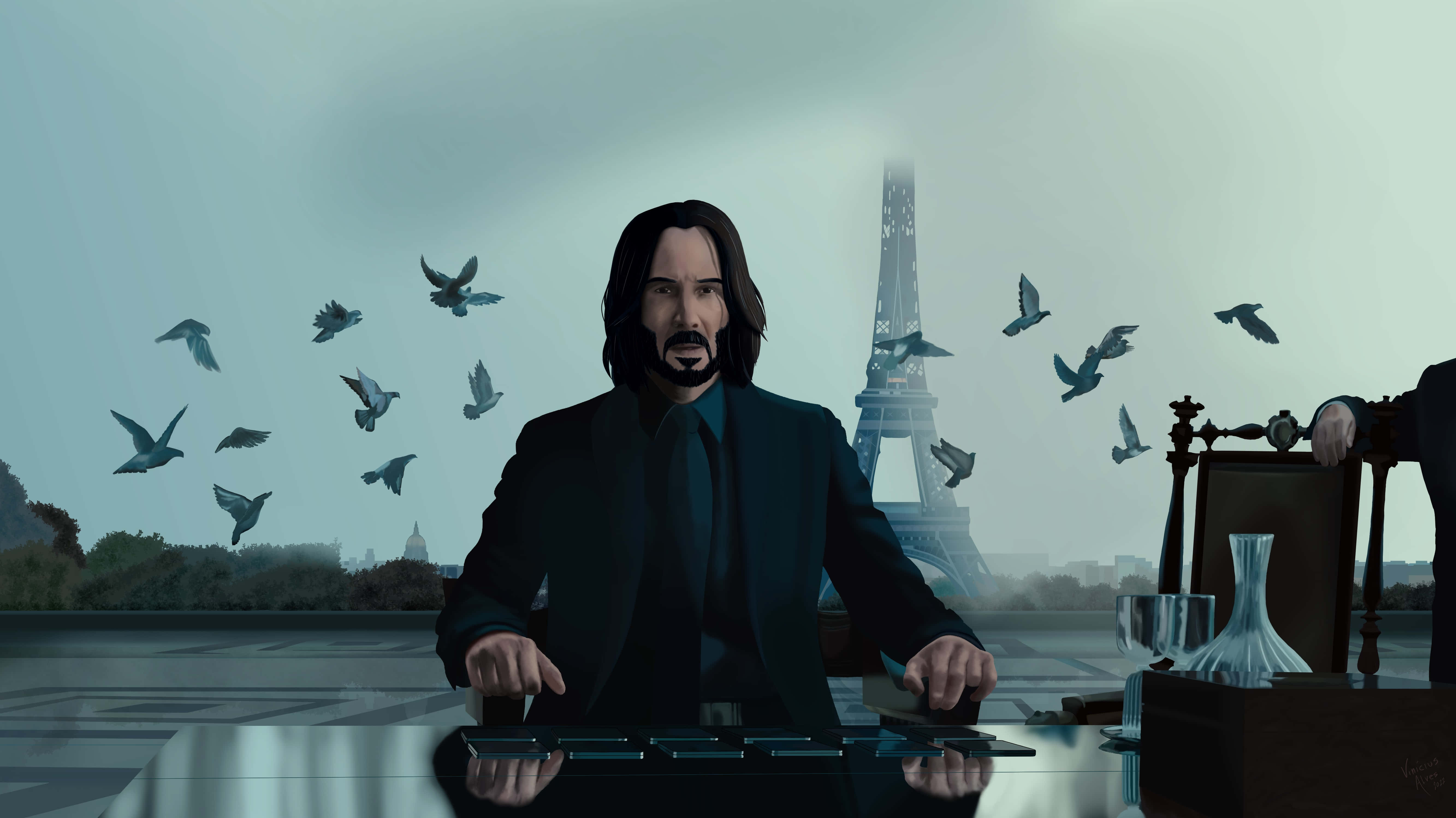 John Wick 4 桌布 壁紙 — 基努·李維飾演尼奧坐在巴黎一張反光桌子旁，背景迷霧中鴿子在艾菲爾鐵塔周圍飛翔。