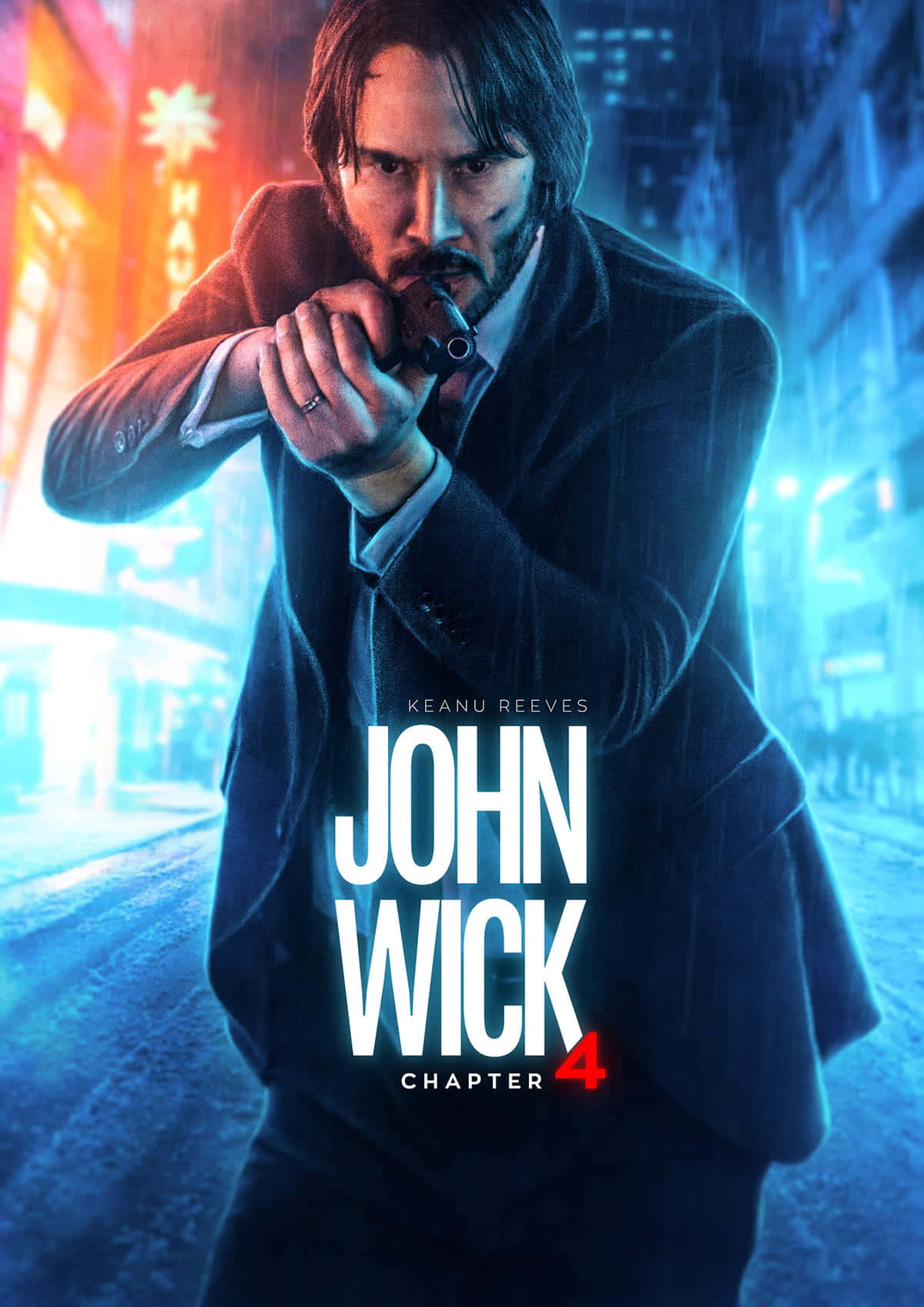 John Wick 4 桌布 壁紙 — 基努·李維飾演約翰·威克在霓虹燈照耀的雨夜城市街道上瞄準手槍。