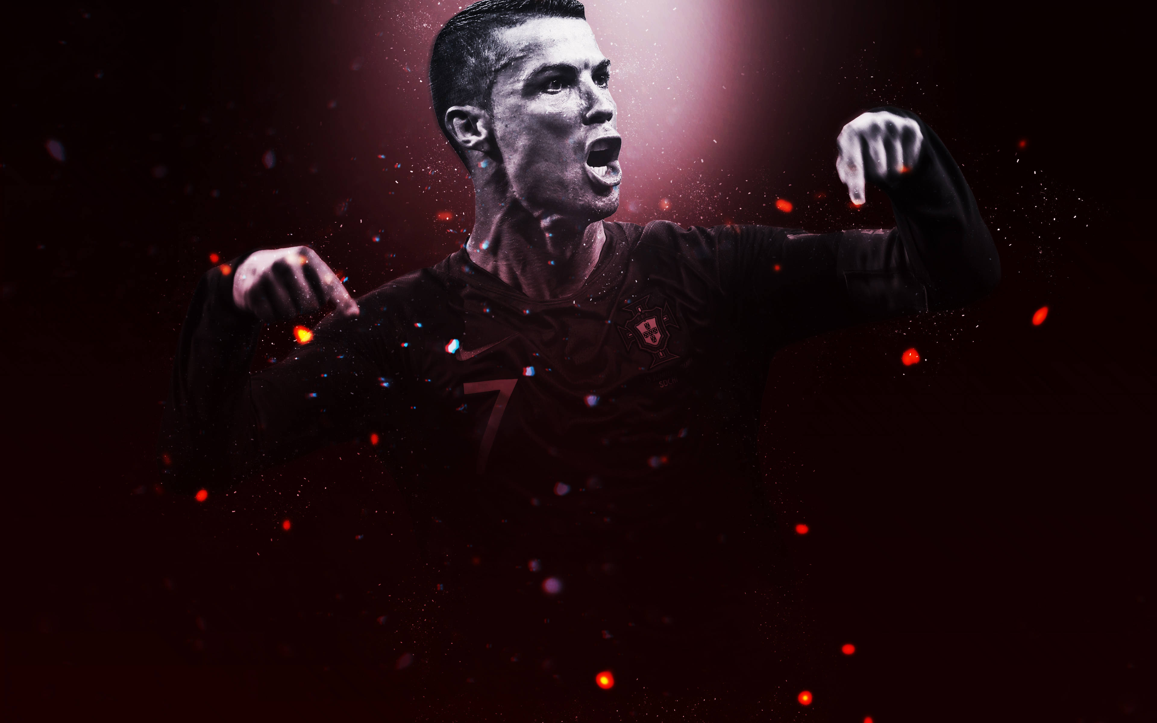 Ronaldo 桌布 壁紙 — 基斯坦奴·朗拿度身穿深色球衣，在發光的紅色背景下高舉雙臂慶祝的動態肖像。