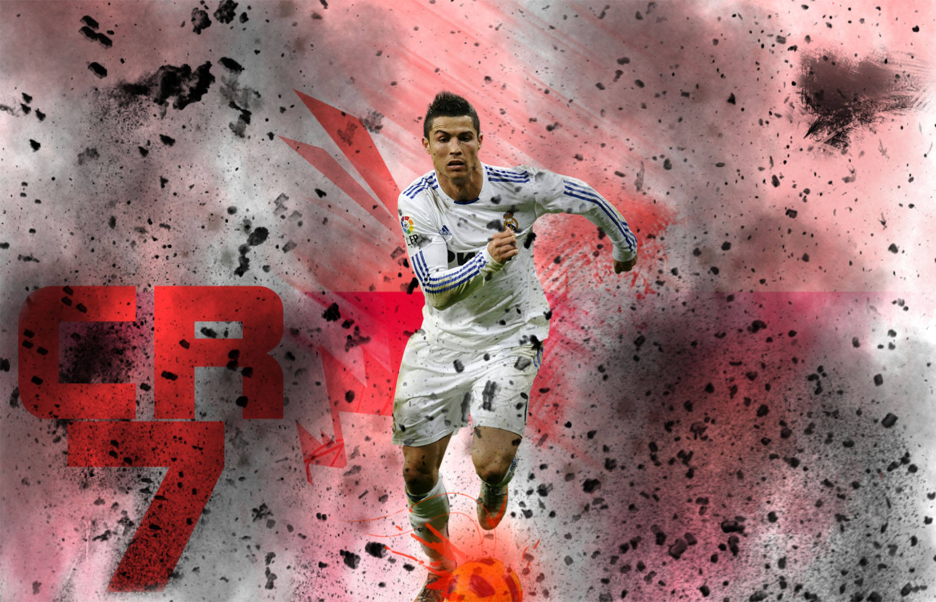 Cr7 桌布 壁紙 — 基斯坦奴·朗拿度身穿白色足球球衣衝刺的動態數位藝術肖像，帶有紅色飛濺效果和粗體CR7文字。