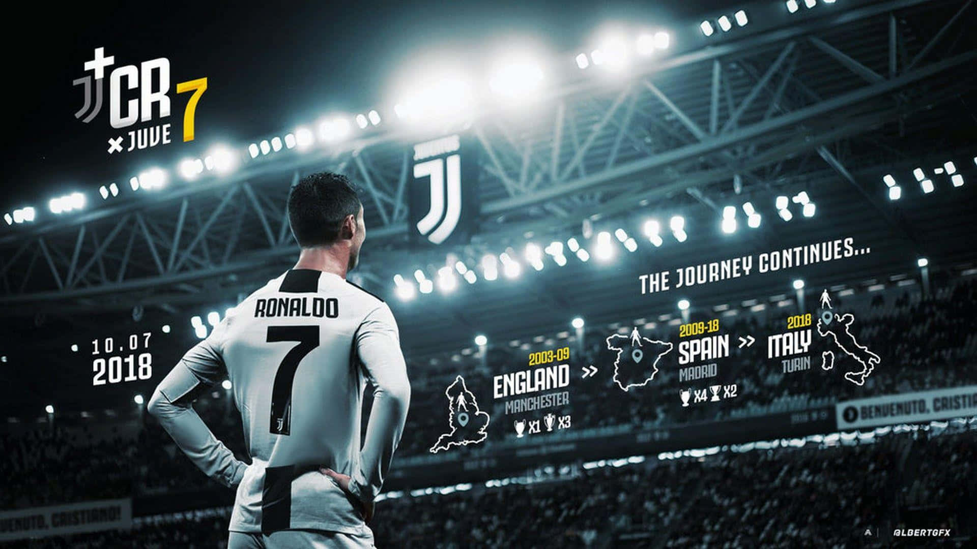 Ronaldo 桌布 壁紙 — 基斯坦奴·朗拿度身穿祖雲達斯7號球衣，站在燈光明亮的球場上，職業生涯時間線圖形覆蓋在場景上。