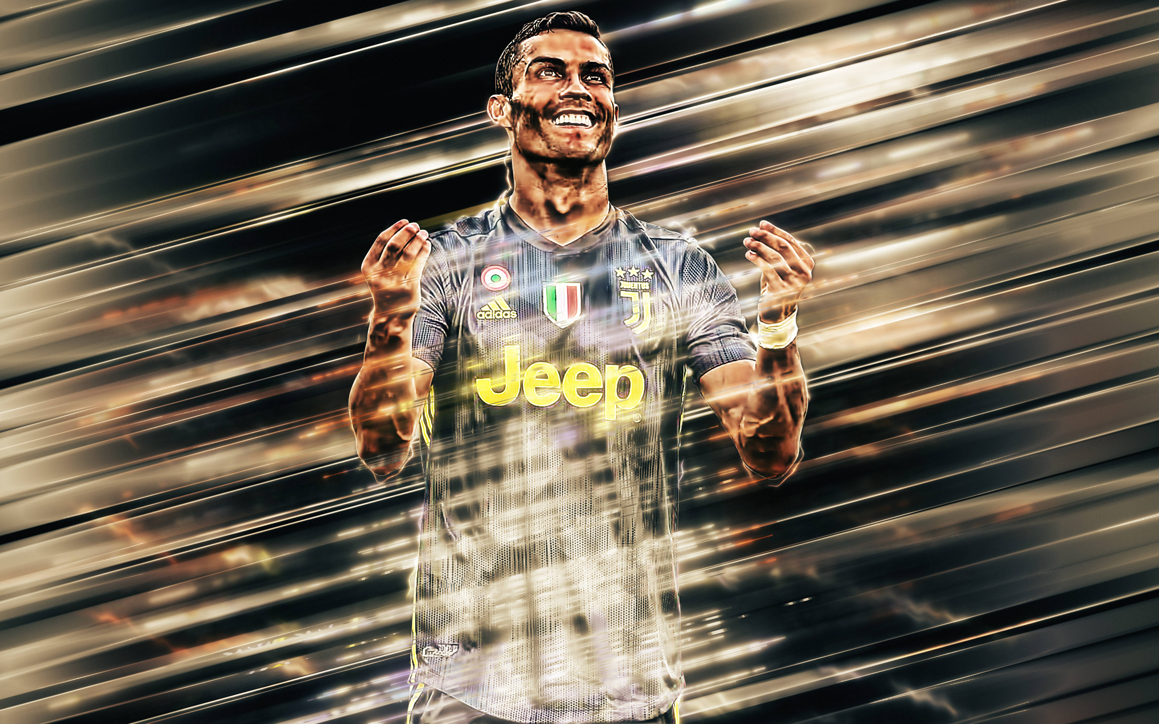 Ronaldo 桌布 壁紙 — 基斯坦奴·朗拿度身穿祖雲達斯球衣慶祝的動態數位藝術肖像，背後散發出閃爍的金色光芒。