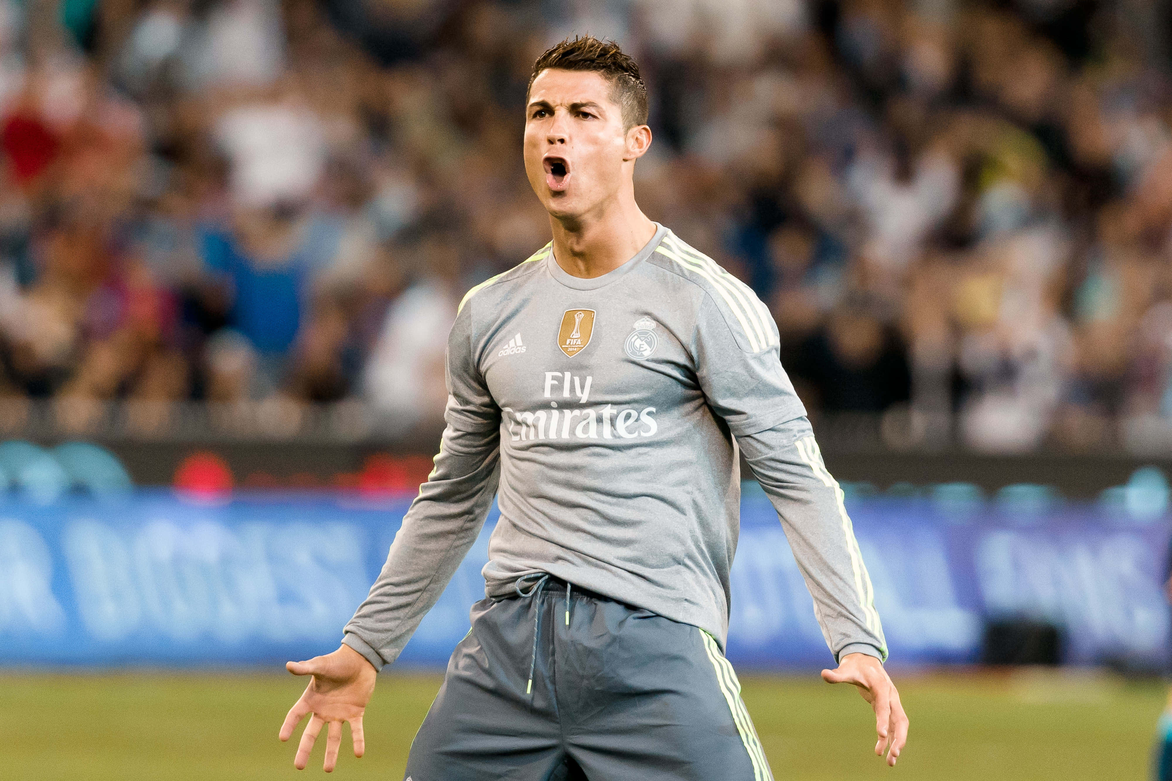 Ronaldo 桌布 壁紙 — 基斯坦奴朗拿度穿著灰色訓練服在球場上激情呼喊，身後有模糊的球迷。