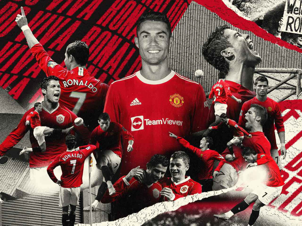 Manchester United Team 桌布 壁紙 — 基斯坦奴朗拿度身穿曼聯紅色球衣慶祝勝利的動態拼貼畫，配以大膽的紅色和黑色圖形元素。