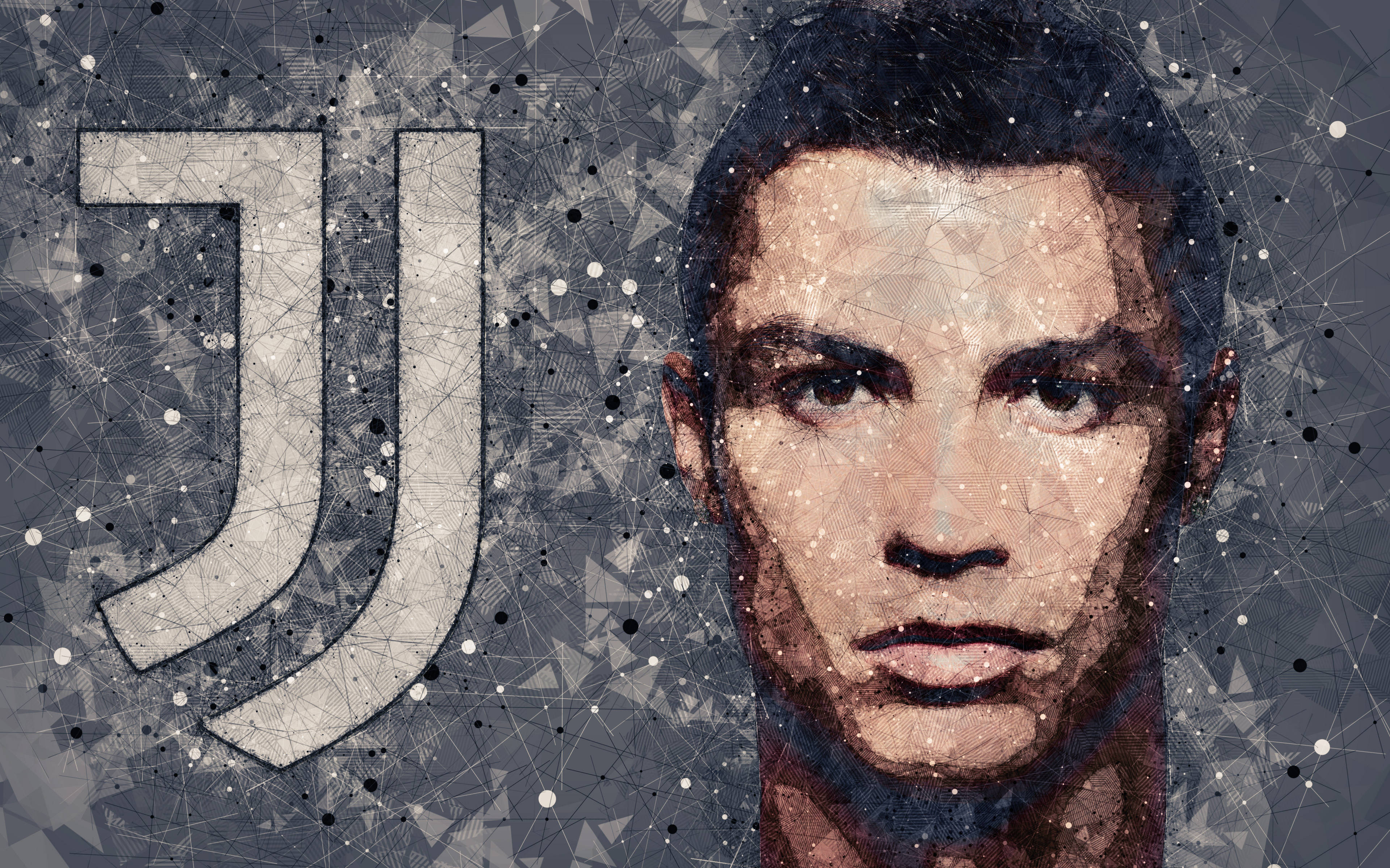 Ronaldo 桌布 壁紙 — 基於幾何星形背景的C羅數位風格肖像，附有尤文圖斯標誌。
