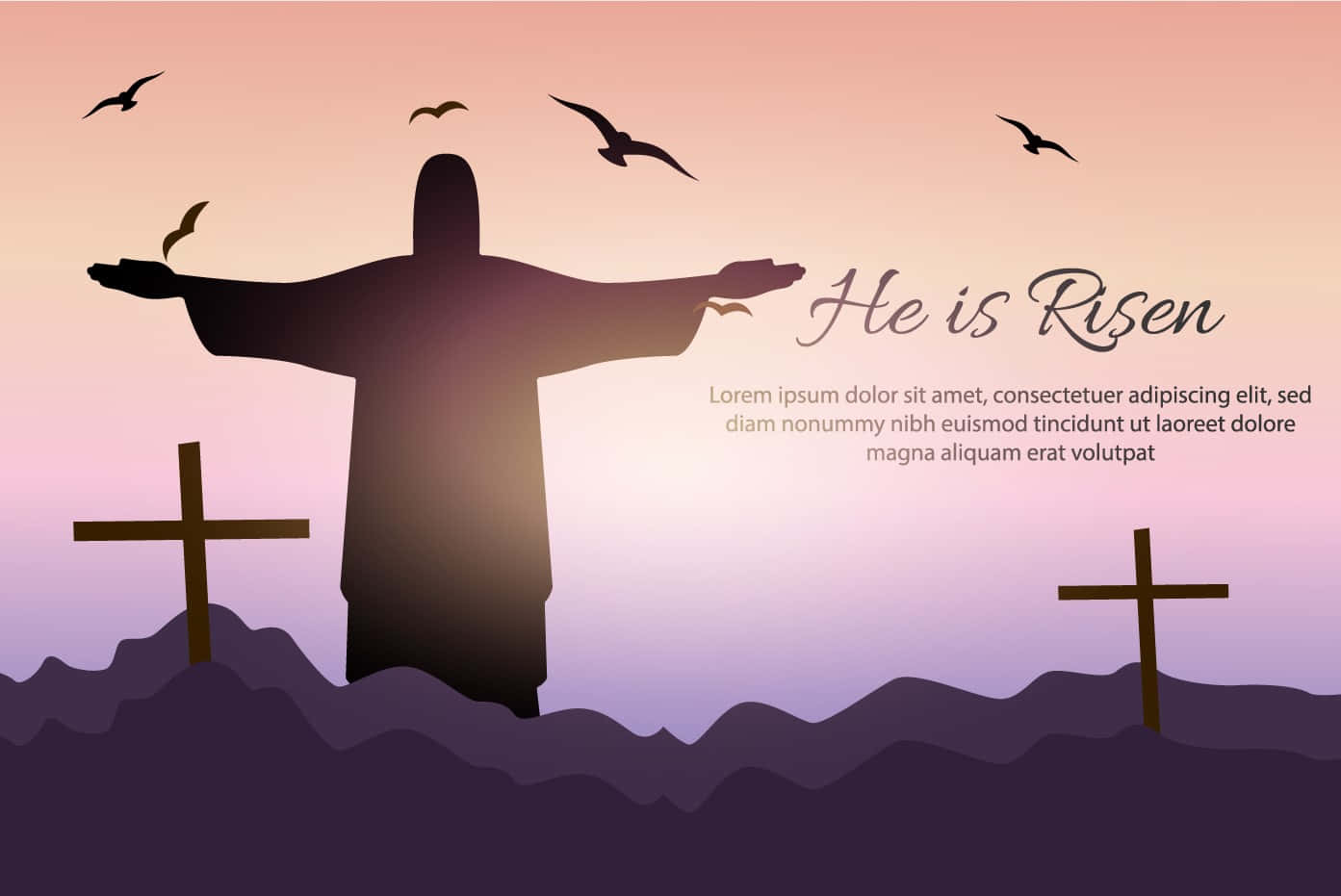 Resurrection 桌布 壁紙 — 基督張開雙臂從被十字架環繞的山丘上昇起的剪影，鳥兒在柔和的粉紅與紫色日落天空中飛翔。