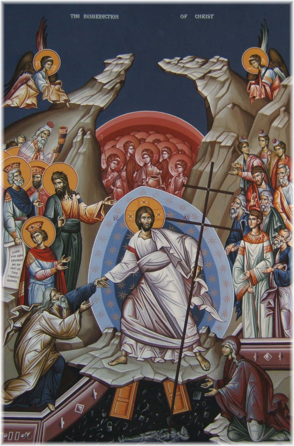 Resurrection 桌布 壁紙 — 基督從墳墓中復活，被天使和門徒圍繞，採用傳統宗教聖像風格。