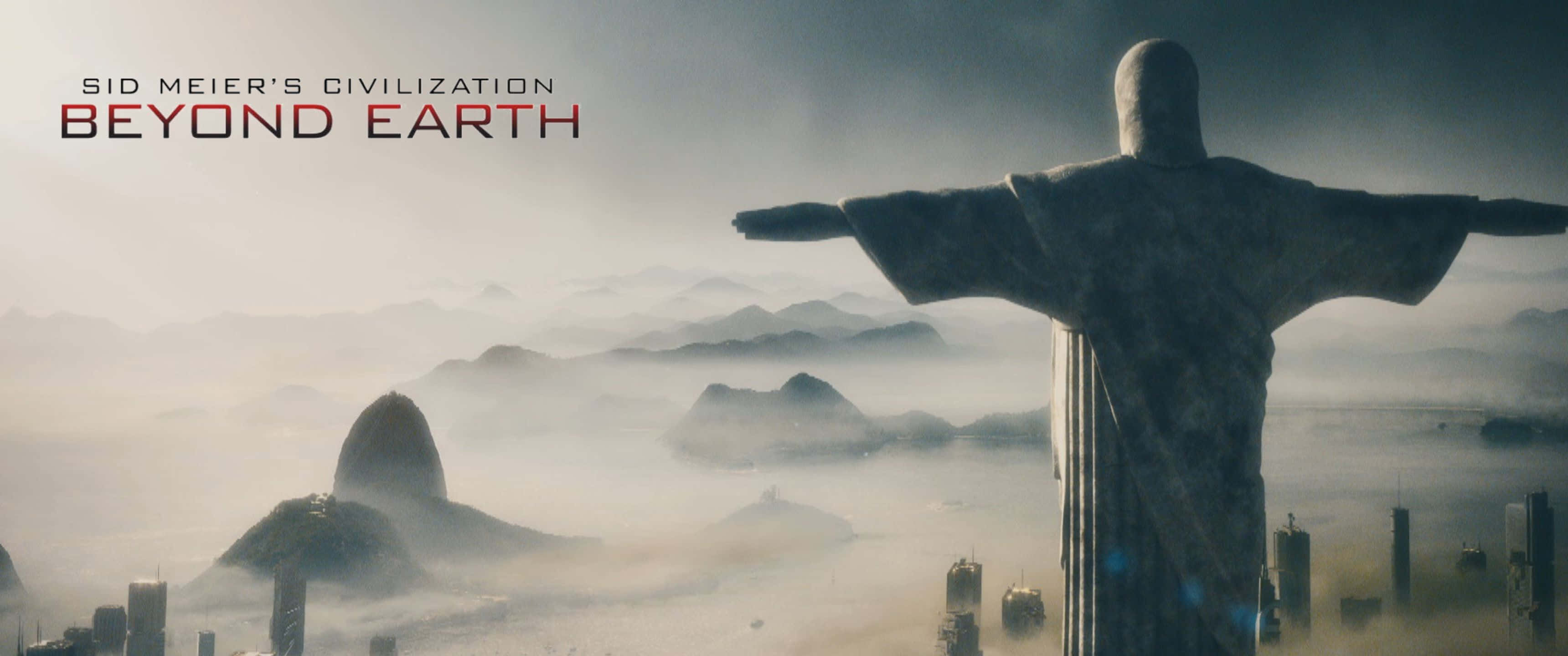 1440p Civilization Beyond Earth 桌布 壁紙 — 基督救世主雕像張開雙臂，俯瞰著一個有浮動結構和遠處山脈的迷霧未來城市景觀。