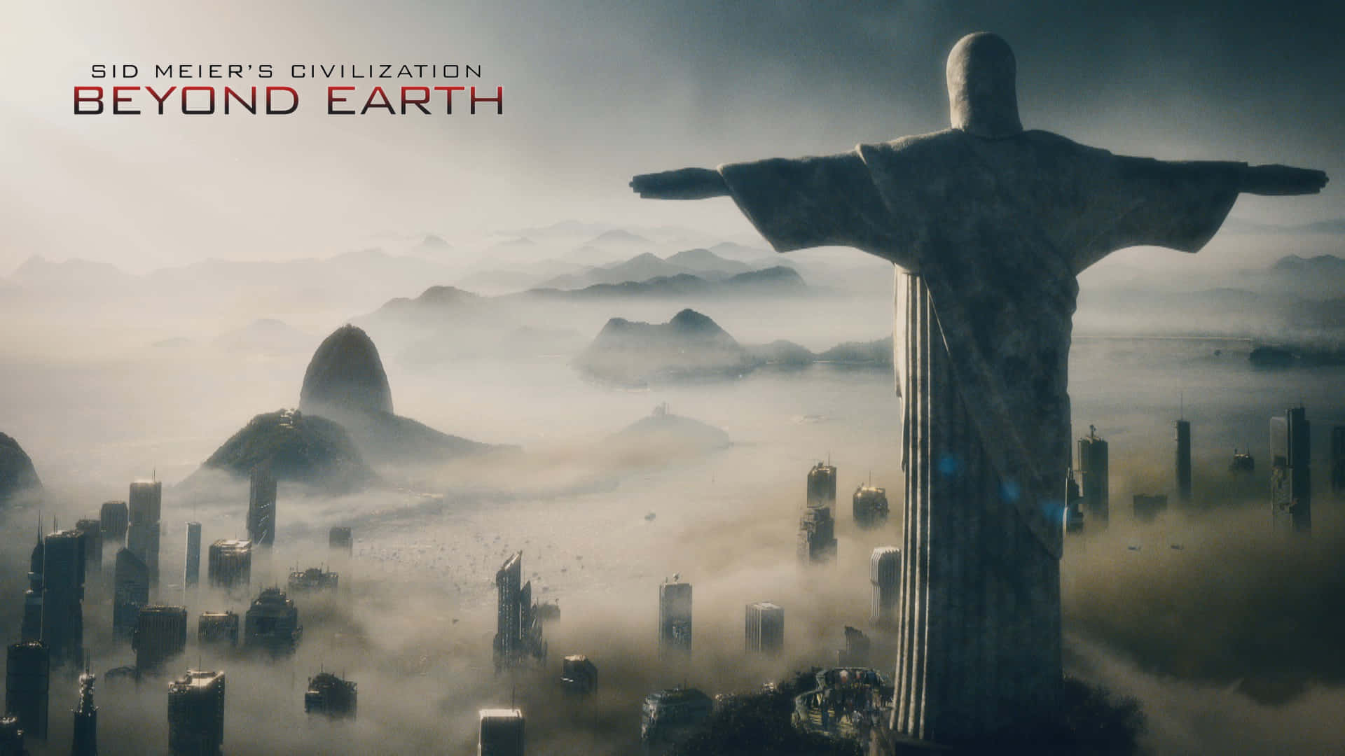 HD Civilization Beyond Earth 桌布 壁紙 — 基督救世主雕像聳立於被迷霧籠罩的未來城市之上，遠山與霧氣瀰漫的天際線清晰可見。