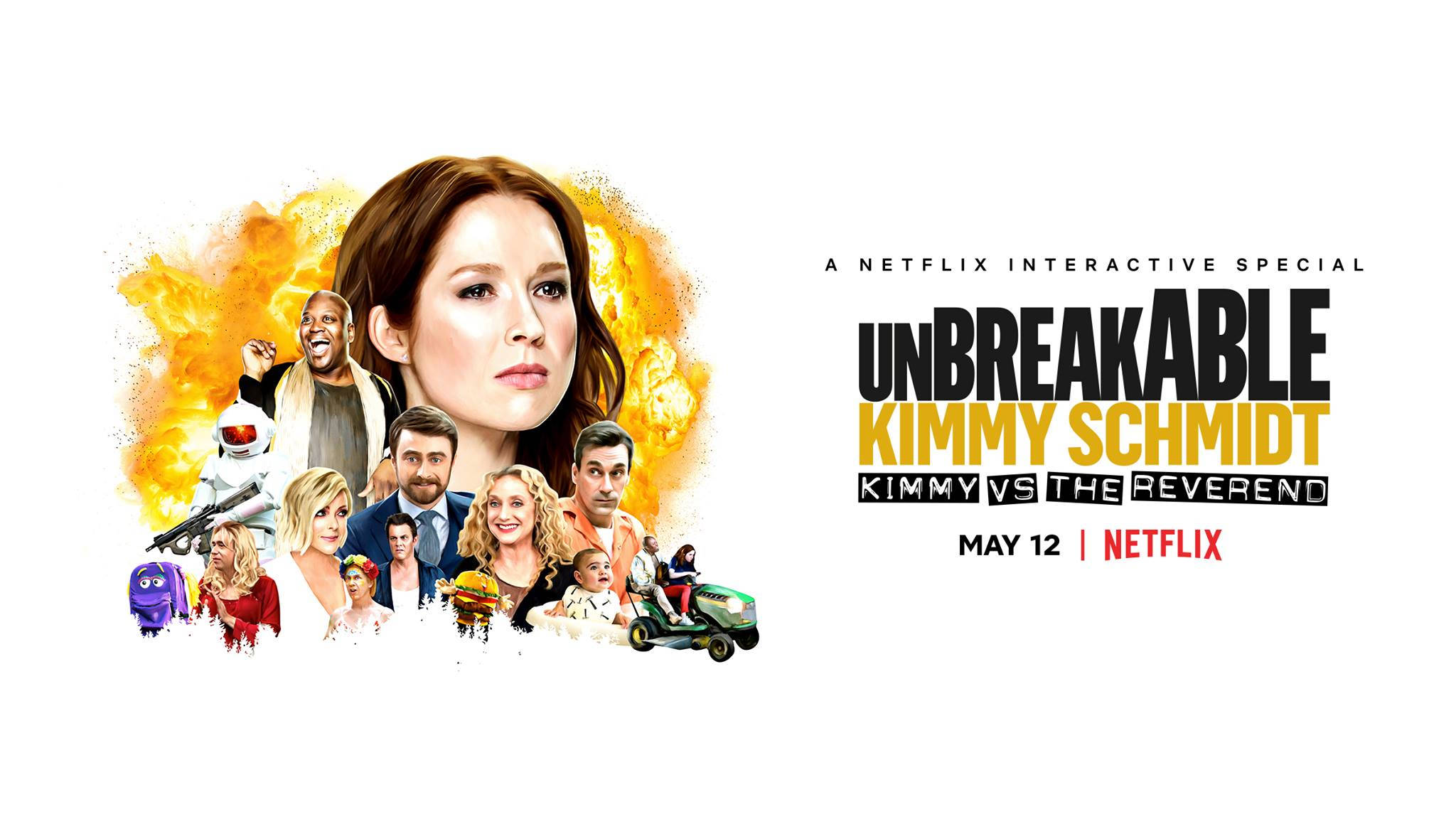 Unbreakable 桌布 壁紙 — 《堅不可摧的吉米·施密特》充滿活力的宣傳海報，中央女性角色被色彩繽紛的卡通風格配角圍繞，背景是火熱的橙色。