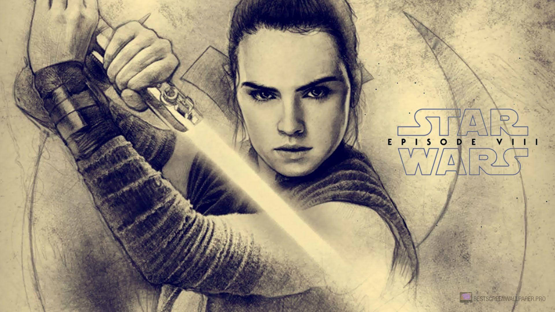 The Last Jedi Star Wars 桌布 壁紙 — 堅定的芮在粗糙鉛筆風格的星際大戰宣傳藝術作品中揮舞著發光的光劍。