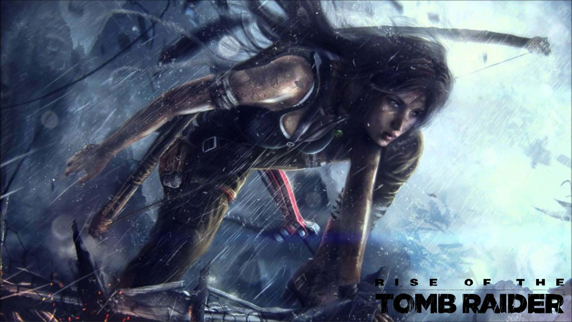 Lara Croft 桌布 壁紙 — 堅定的蘿拉·卡芙特在充滿風暴和碎片的環境中，以強烈的專注和動態的動作前進。