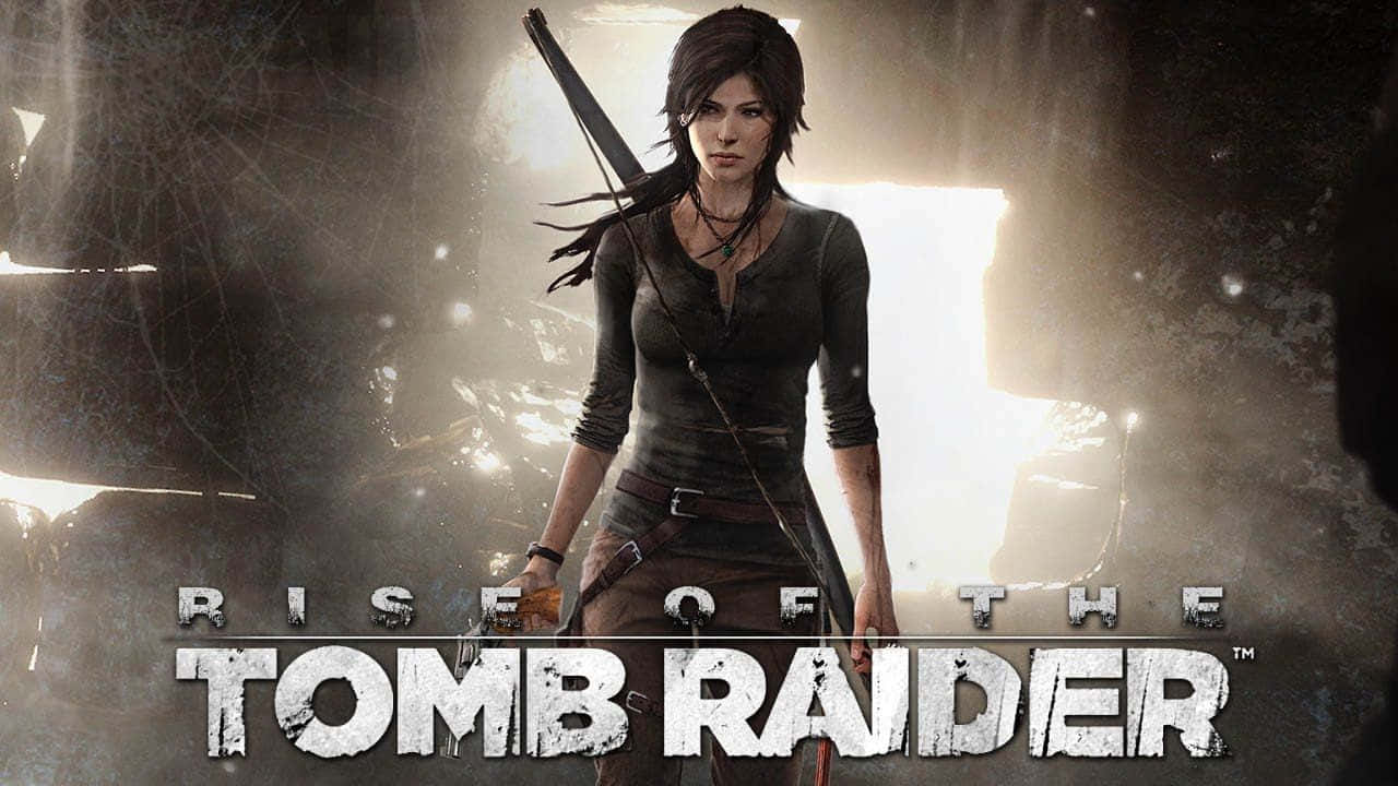 Lara Croft 桌布 壁紙 — 堅定的蘿拉·卡芙特站在塵土飛揚的廢墟中，手持弓箭，陽光穿過她身後破碎的石頭照射進來。