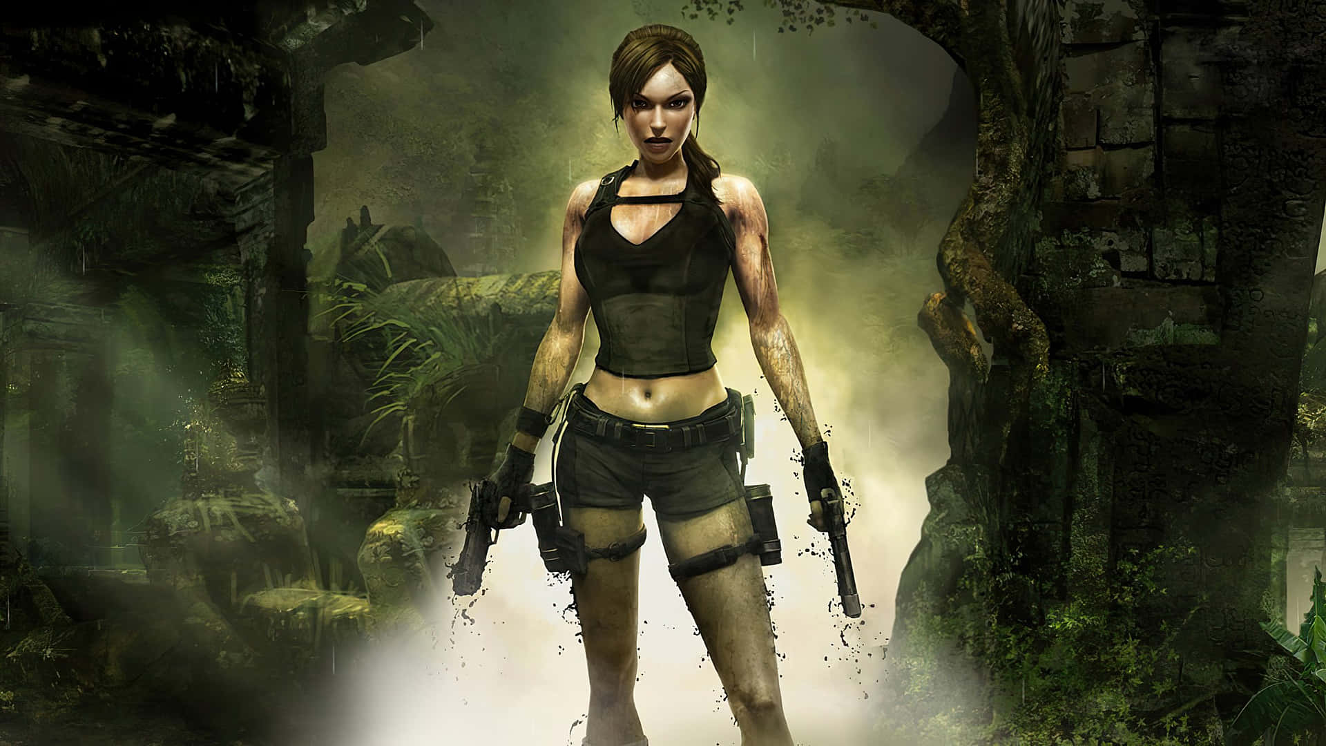 Tomb Raider Game 桌布 壁紙 — 堅定的蘿拉·卡芙特站在霧氣瀰漫的叢林神廟中，手持兩把手槍，身後是長滿青苔的廢墟。