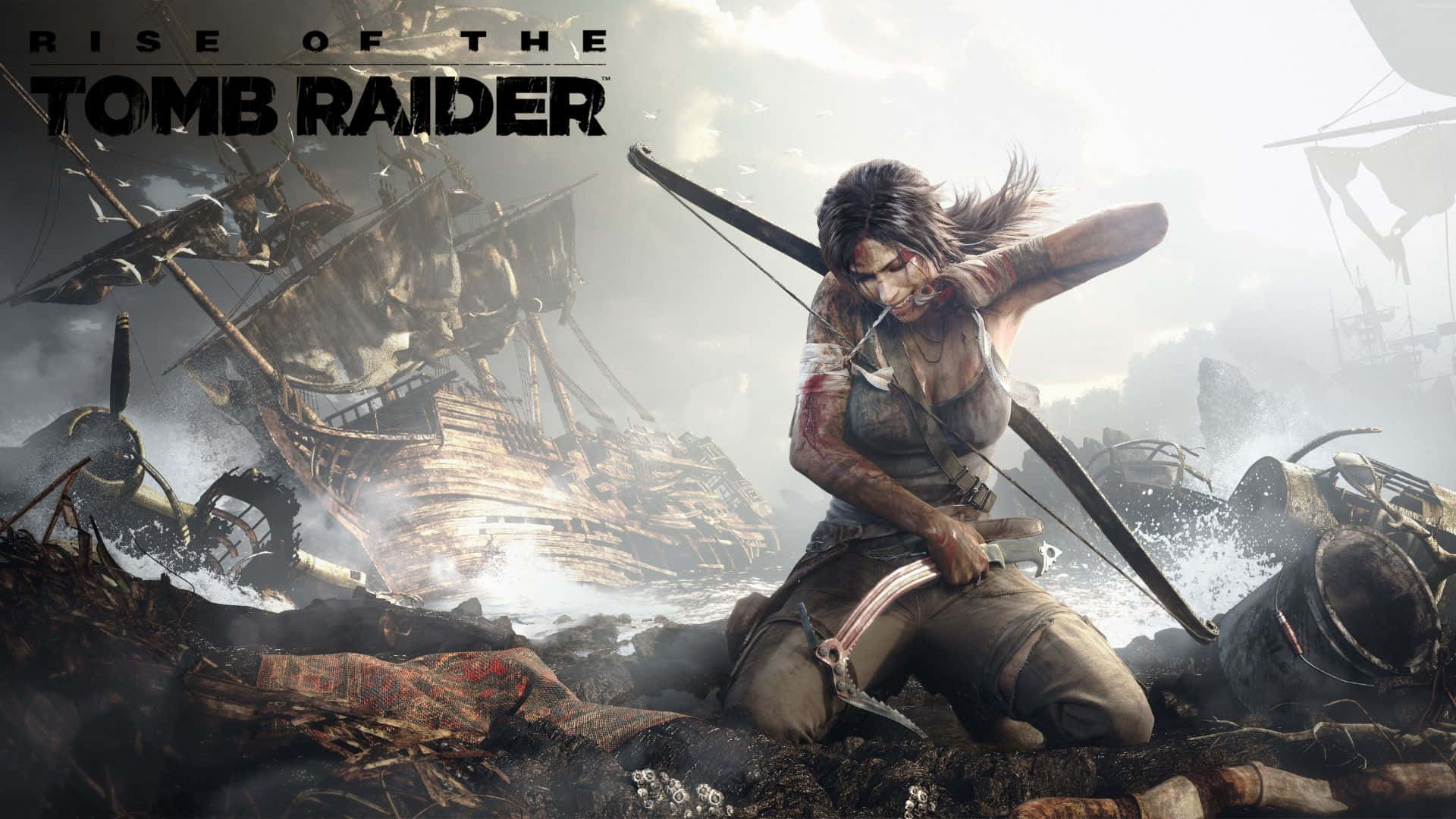 Lara Croft 桌布 壁紙 — 堅毅的蘿拉·卡芙特在暴風雨的海中沉船殘骸間拉弓。