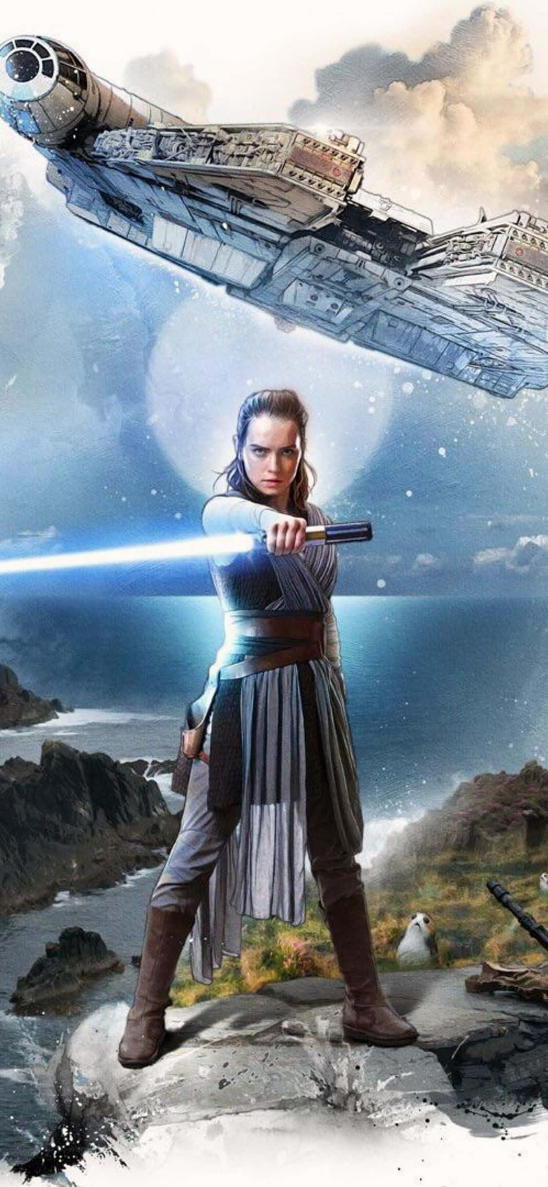 Rey Star Wars 桌布 壁紙 — 堅決的芮在岩石懸崖上揮舞藍色光劍，千年鷹號在月光照耀的天空中飛過。