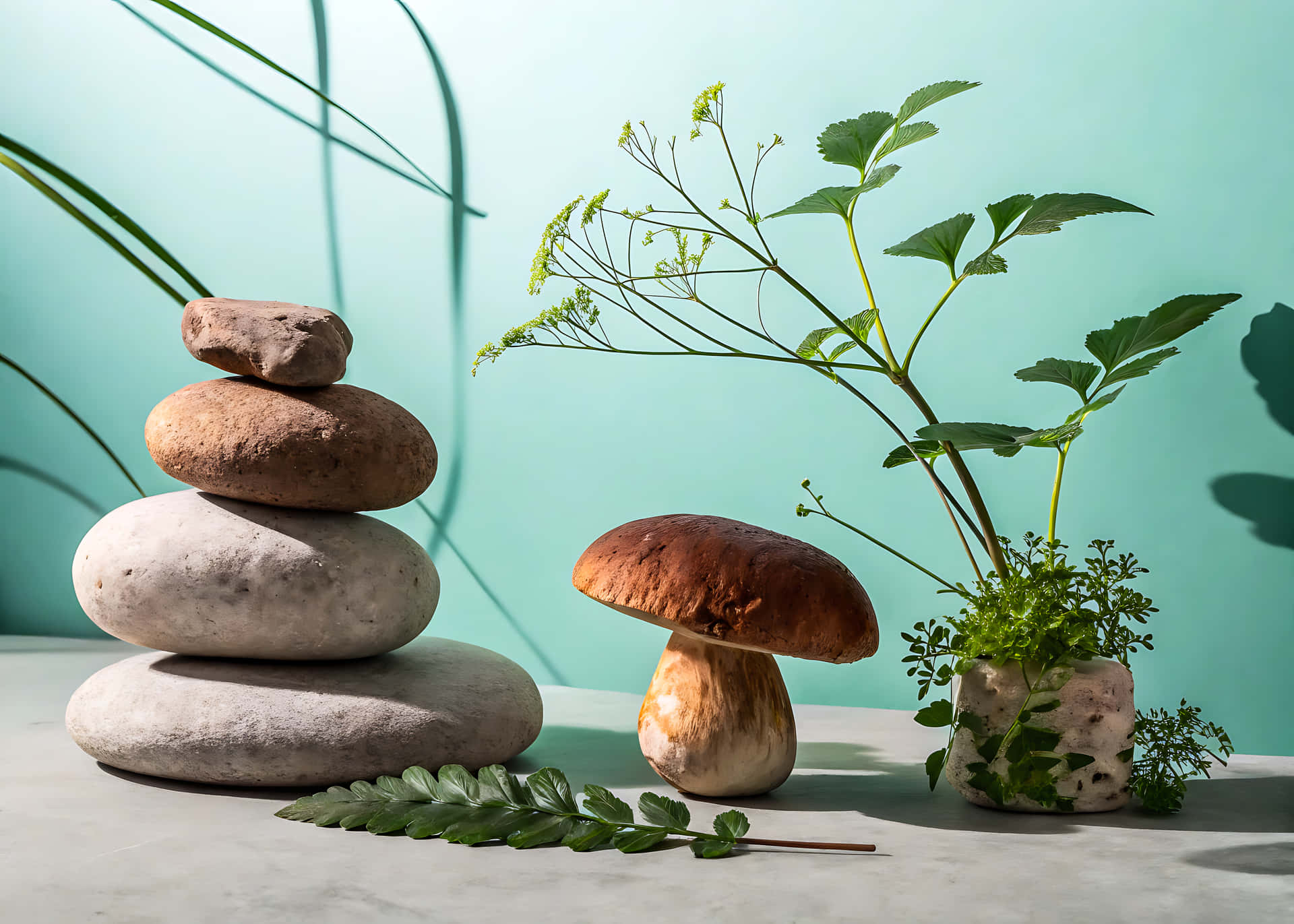 Stones mushroom and plants 壁紙 — 堆疊光滑的石頭、棕色蘑菇和盆栽植物在青綠色牆壁上投下陰影。