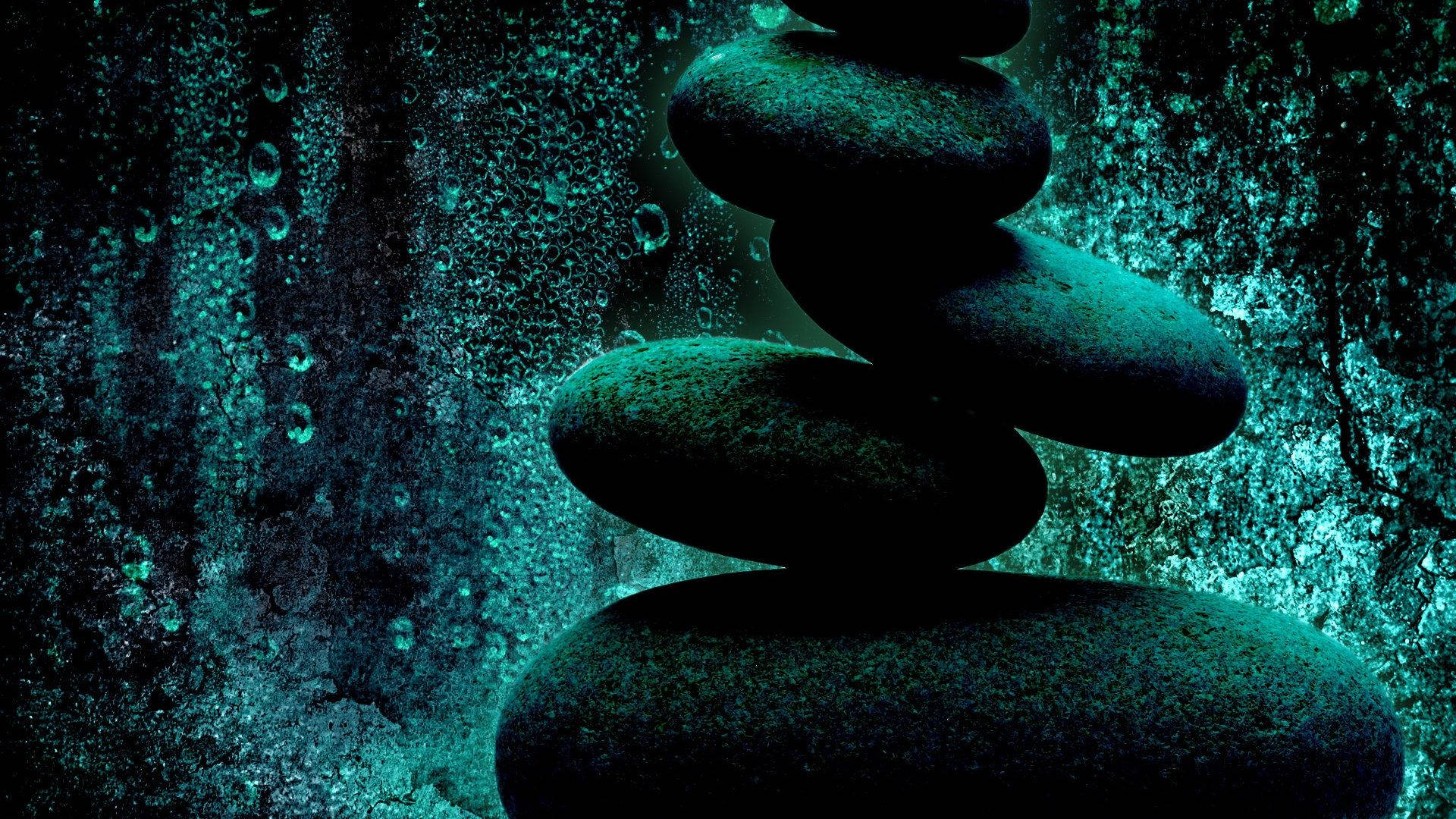 Stone 桌布 壁紙 — 堆疊光滑石頭沉沒在藍綠色水中，上升的氣泡營造出寧靜的水下禪意場景。