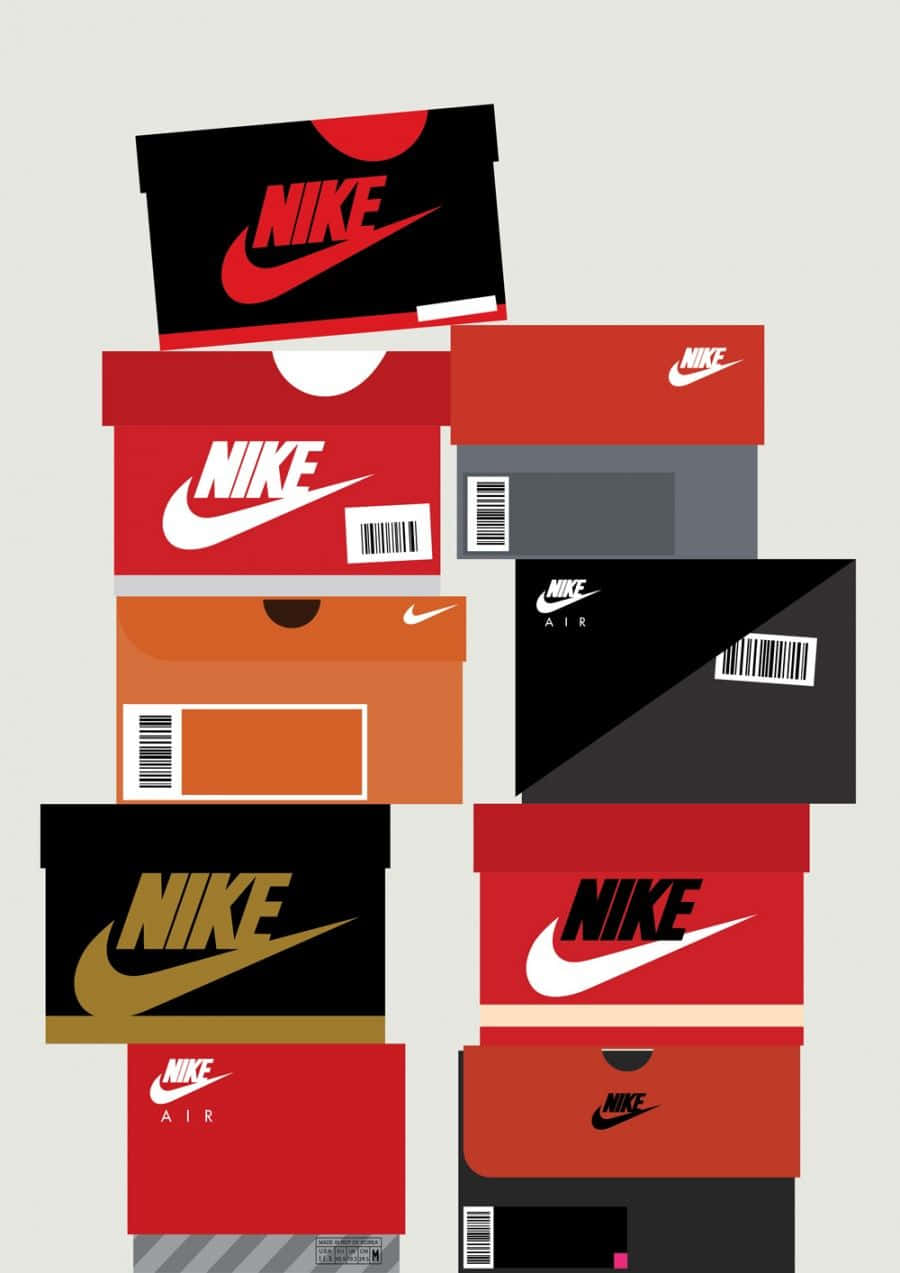 Shoe Box 桌布 壁紙 — 堆疊的Nike鞋盒，採用大膽的紅色、黑色和橙色，帶有標誌性的Swoosh，背景中性。