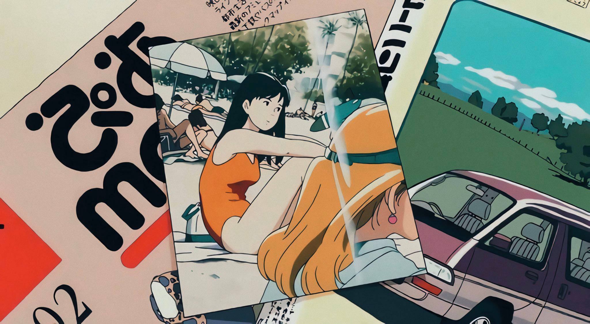 Studio 桌布 壁紙 — 堆疊的動漫風格插圖卡片，描繪海灘上的女孩和汽車，帶有粗體圖形文字疊加。