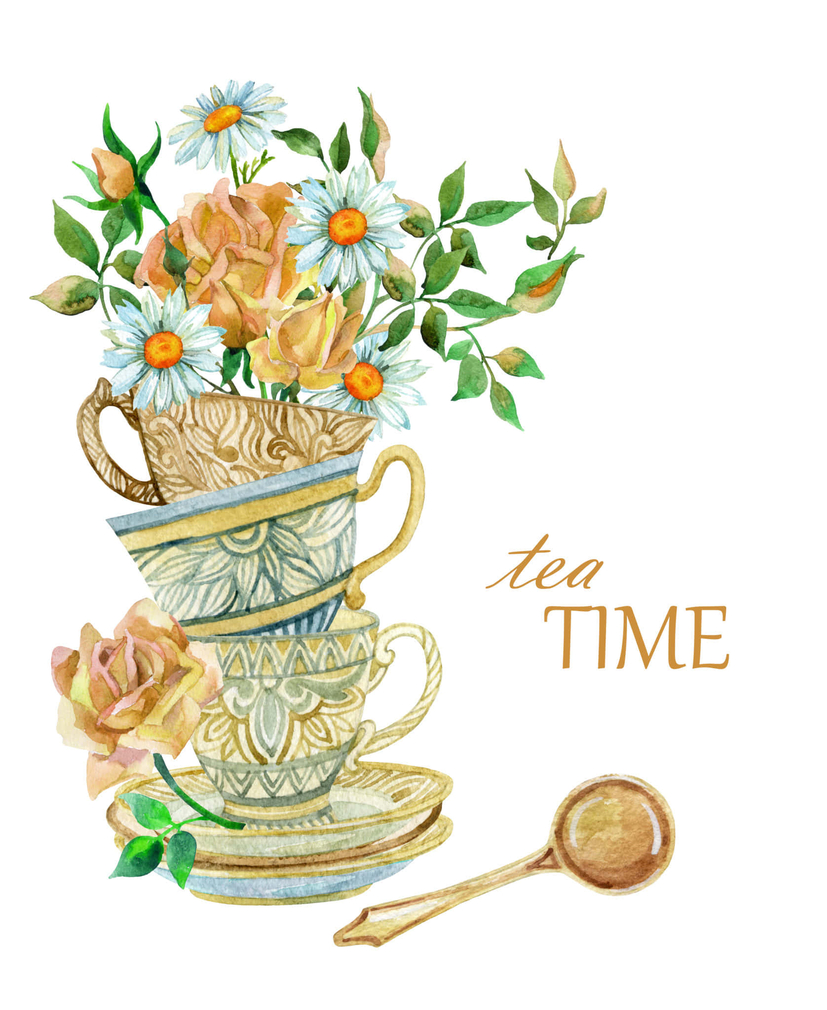 Tea Party 桌布 壁紙 — 堆疊的復古茶杯盛滿玫瑰和雛菊，以精緻的水彩插圖呈現，並帶有「tea TIME」文字。