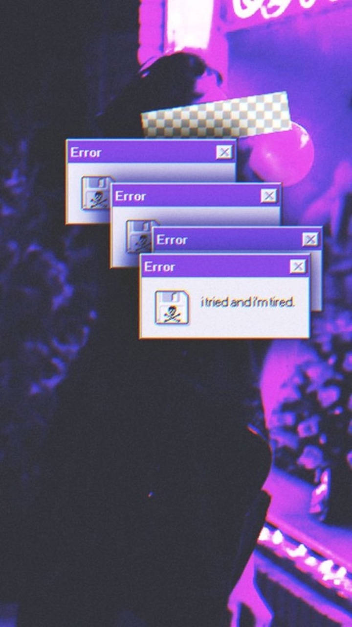 堆疊的復古錯誤視窗在霓虹紫色數位空間中。 — Emo 美學 GIF 壁紙