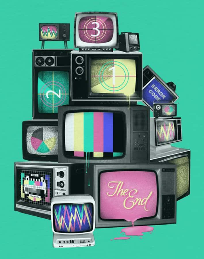 80's 桌布 壁紙 — 堆疊的復古電視機在青綠色背景上顯示測試圖案、錯誤代碼和「The End」，並帶有滴落油漆效果。