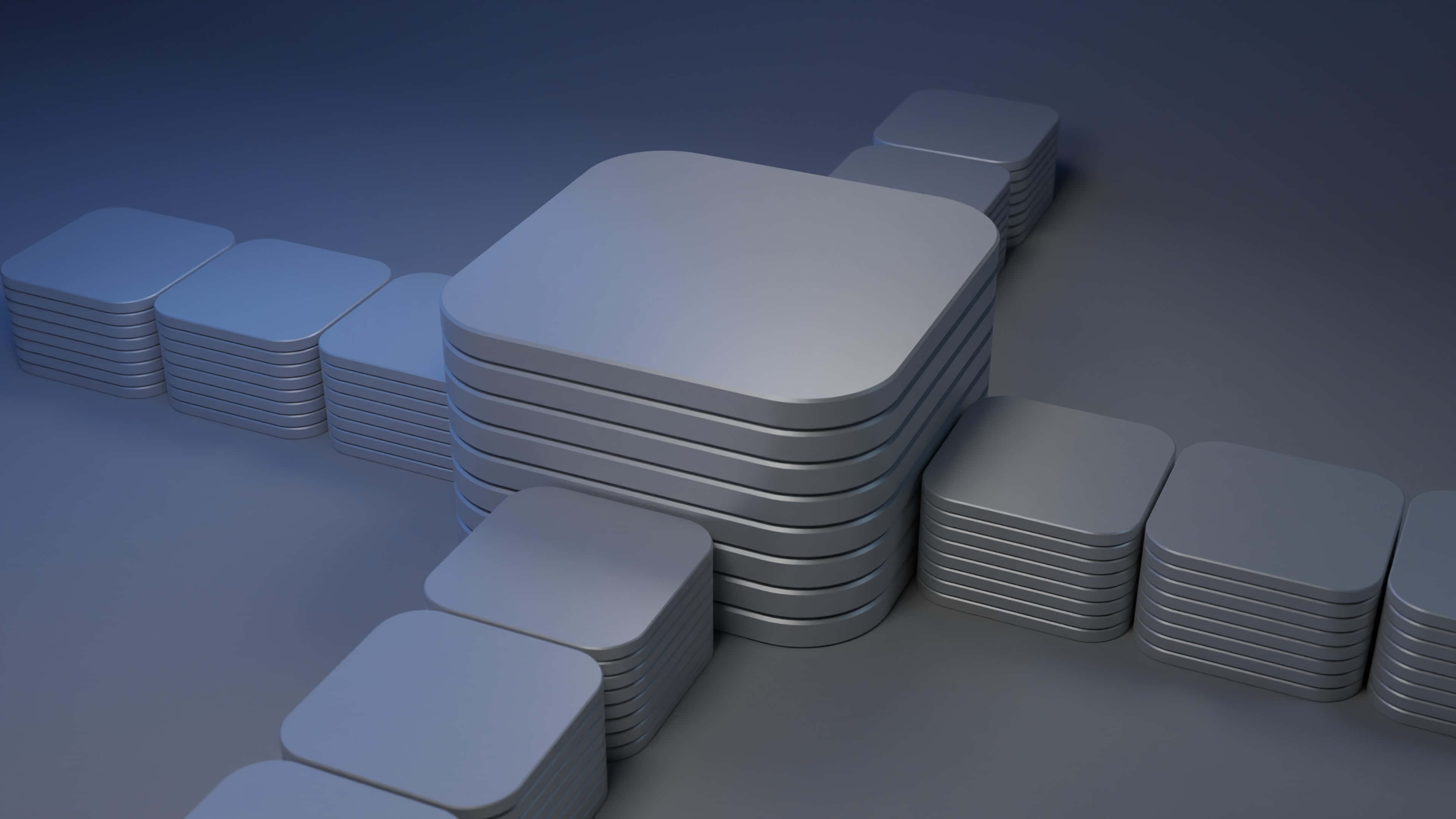 3D 桌布 壁紙 — 堆疊的銀色方形塊在冷藍色燈光下排列成十字形。