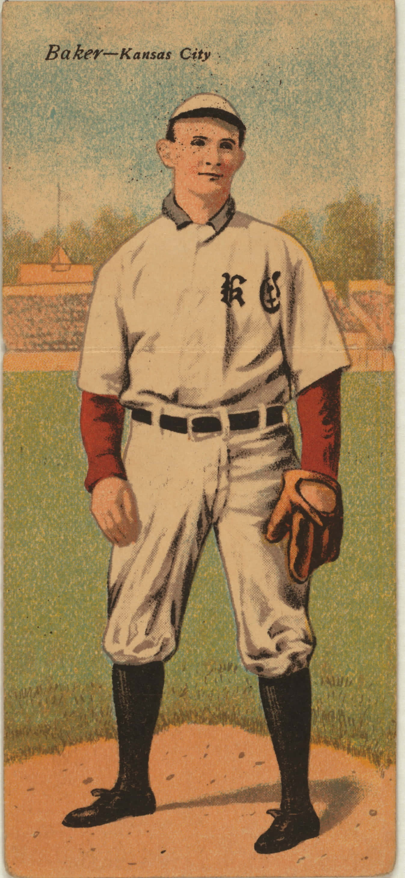 Baseball Cards 桌布 壁紙 — 堪薩斯城球員貝克穿著20世紀初制服站在球場上的復古棒球卡。
