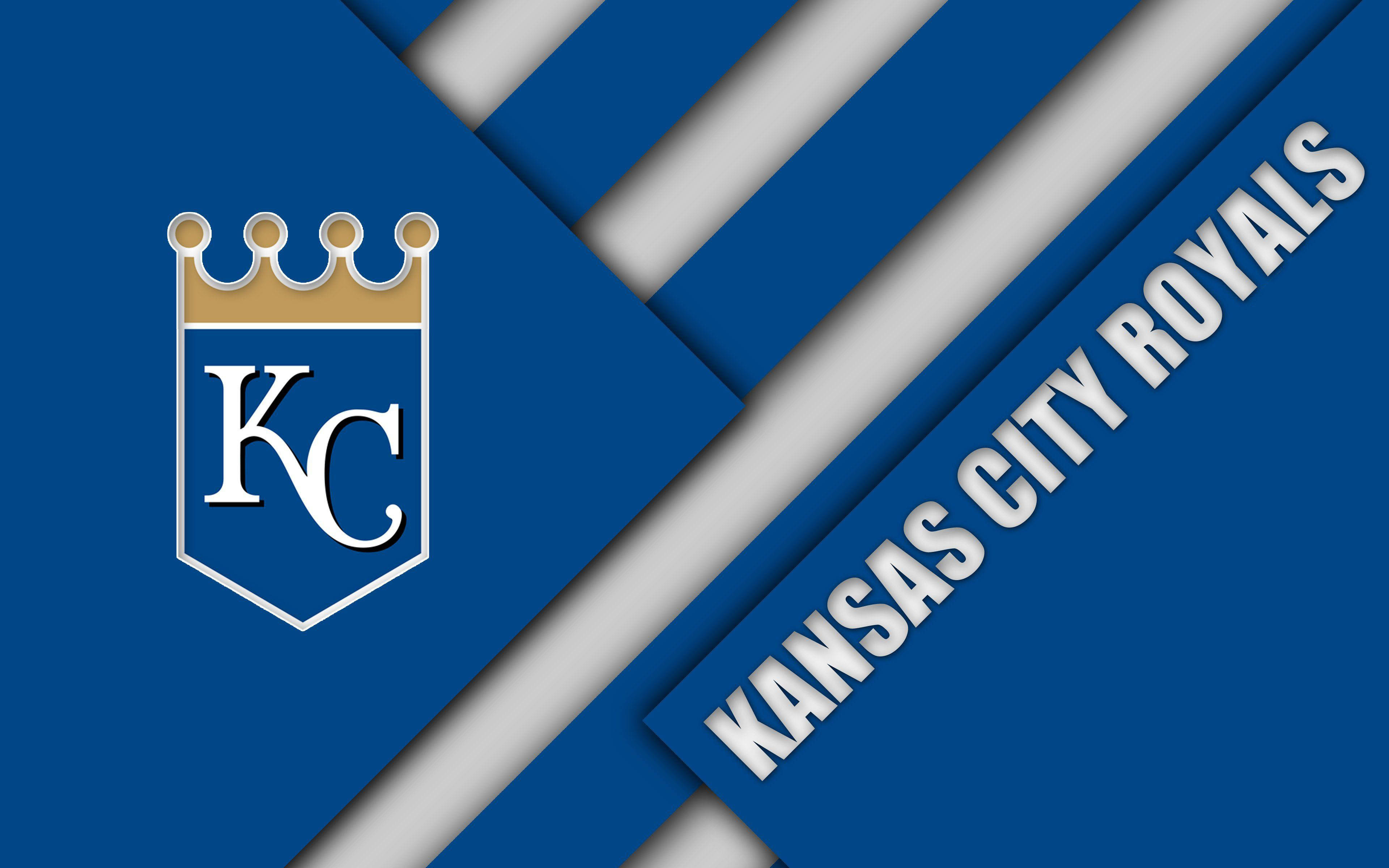 Kansas 桌布 壁紙 — 堪薩斯城皇家隊標誌，位於大膽的藍白幾何背景上，帶有對角線條紋。