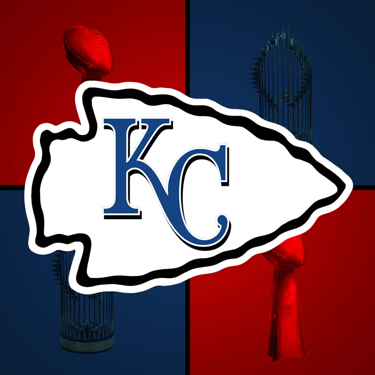 Kc Royals 桌布 壁紙 — 堪薩斯城酋長隊標誌居中於紅藍分割背景上，並帶有超級碗獎盃剪影。