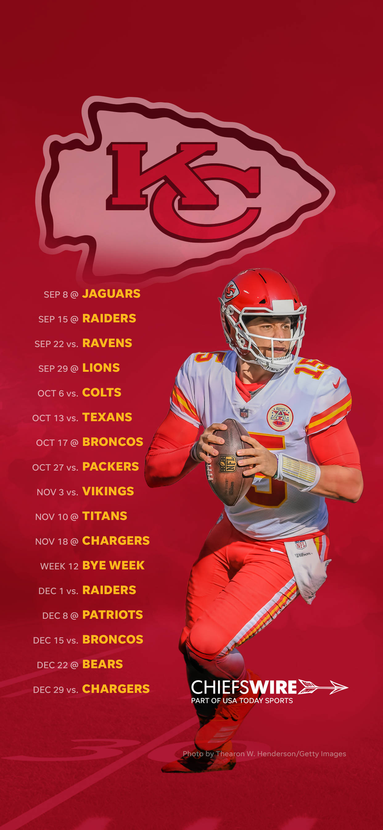 Kansas City Chiefs Cool 桌布 壁紙 — 堪薩斯城酋長隊的四分衛身穿紅金色球衣，在帶有球隊標誌和賽程表的醒目紅色背景前手持橄欖球。