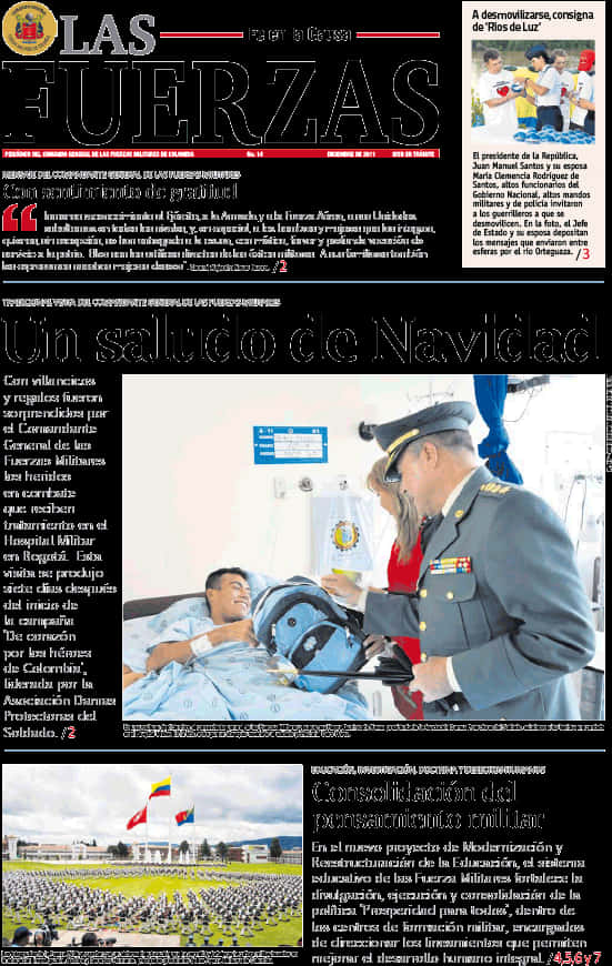 Newspaper 桌布 壁紙 — 報紙版面，展示一名士兵在醫院病床上安慰受傷的戰友，以及一場帶有旗幟的軍事遊行。