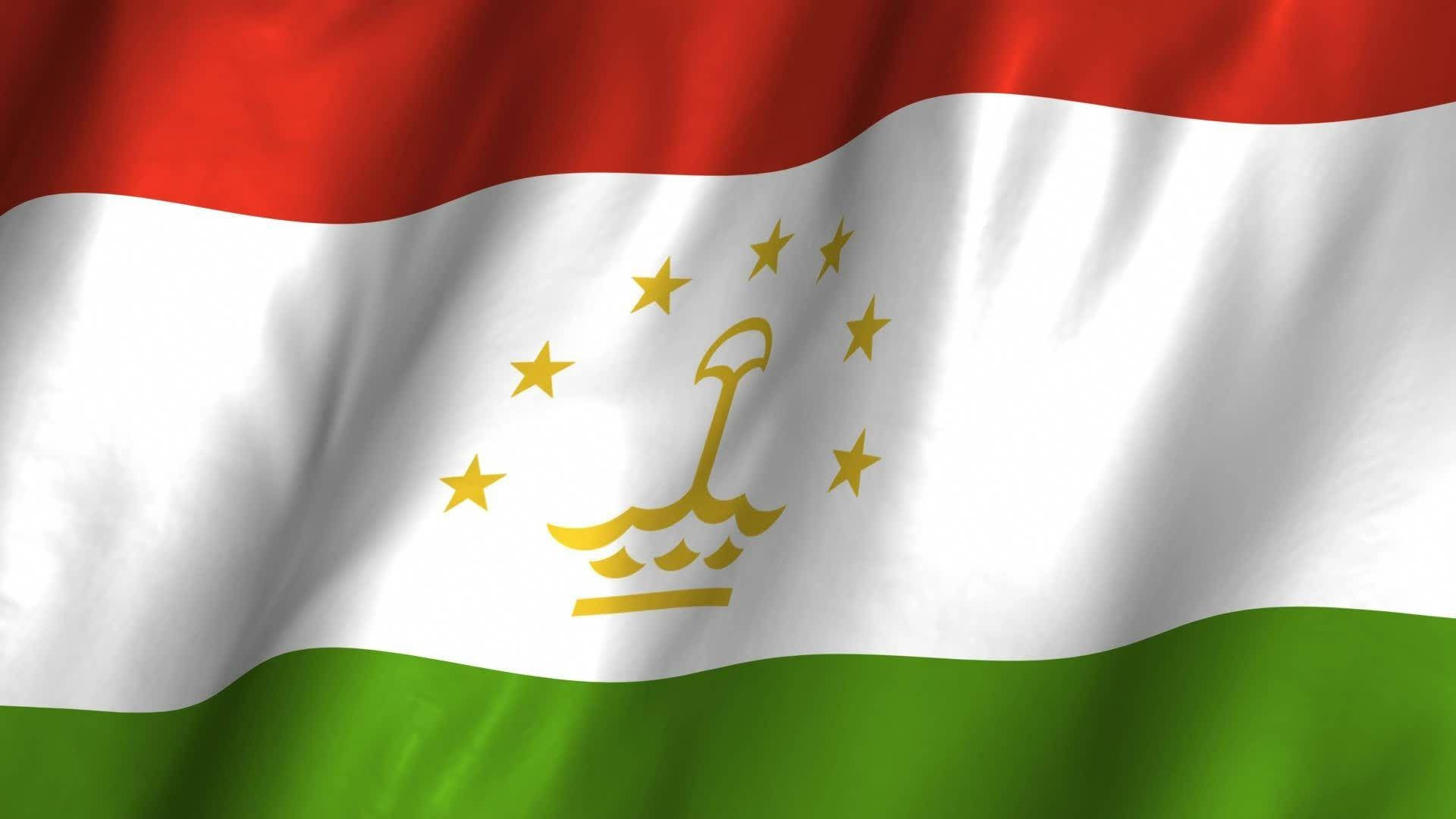Tajikistan 桌布 壁紙 — 塔吉克斯坦國旗動態飄揚，帶有紅、白、綠條紋，以及被星星環繞的金色皇冠。
