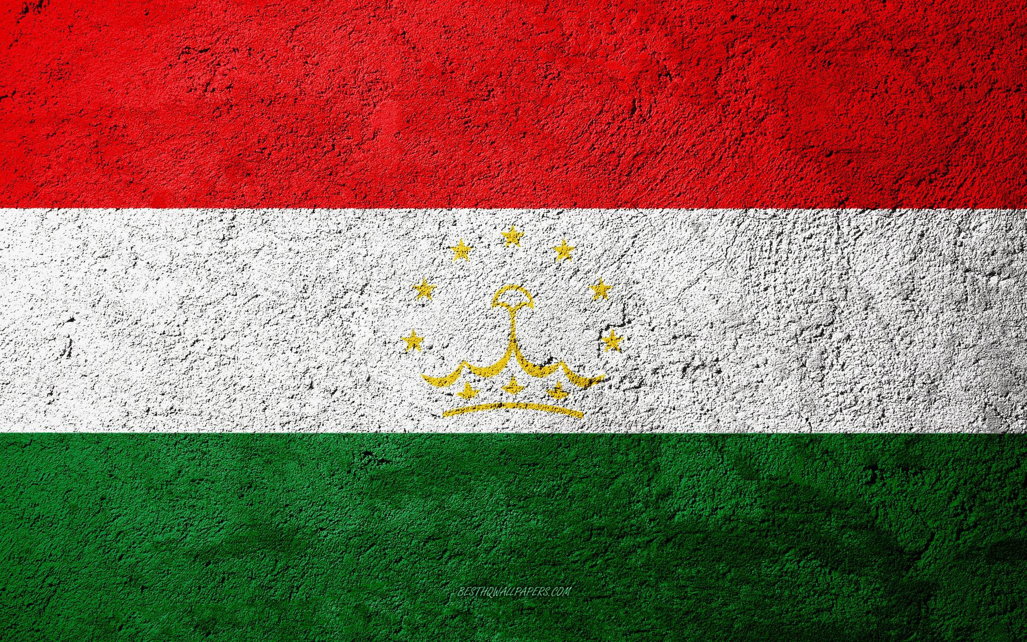 Tajikistan 桌布 壁紙 — 塔吉克斯坦國旗繪在粗糙的混凝土牆上，帶有紅、白、綠條紋和金色皇冠標誌。