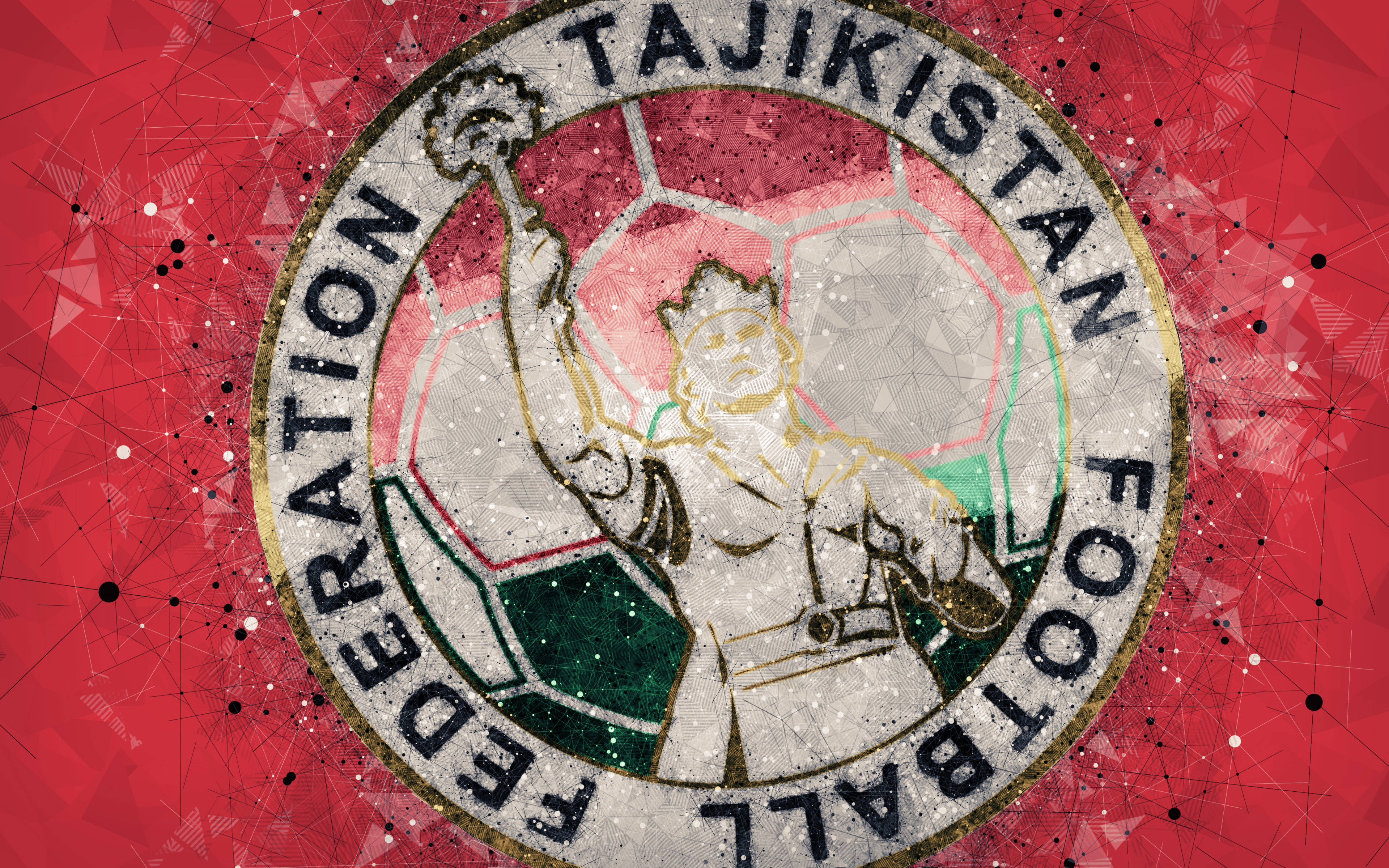 Tajikistan 桌布 壁紙 — 塔吉克斯坦足球協會徽章，以風格化運動員在紅色幾何背景上高舉獎盃。
