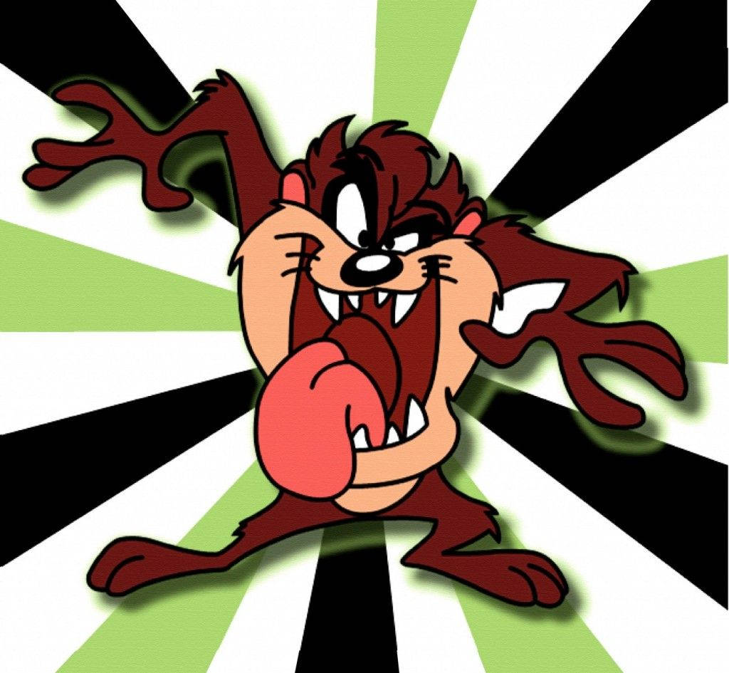 Tasmanian Devil 桌布 壁紙 — 塔斯馬尼亞惡魔卡通角色，伸出舌頭，雙臂高舉，背景為黑、白、綠色放射狀。