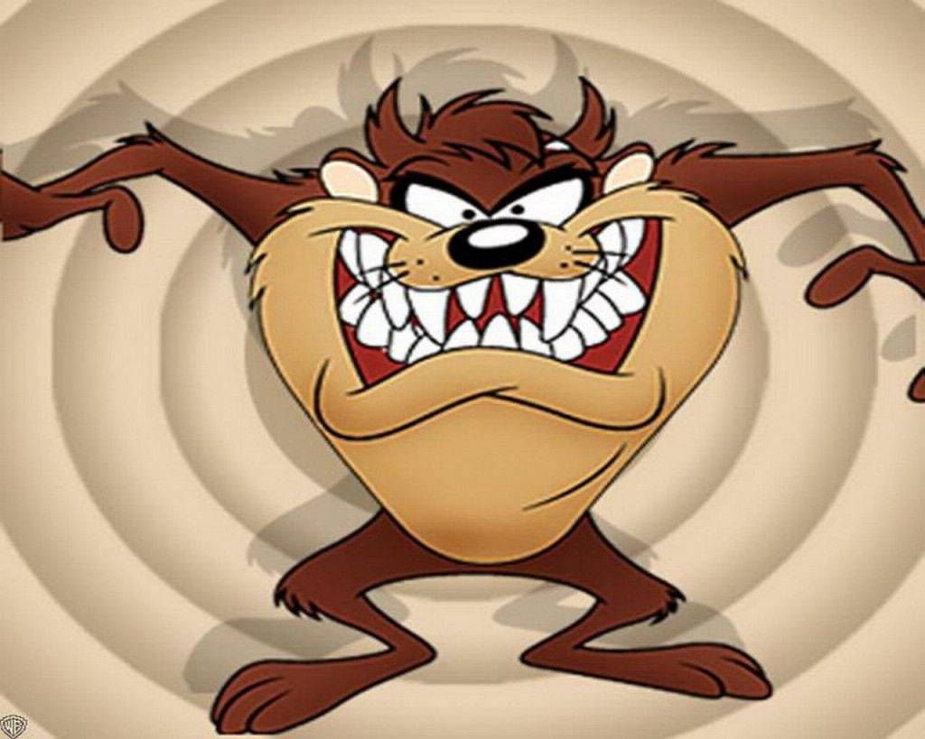 Tasmanian Devil 桌布 壁紙 — 塔斯馬尼亞惡魔卡通角色，擁有野生棕色毛髮和尖銳牙齒，在旋轉的米色背景上擺出威脅姿勢。